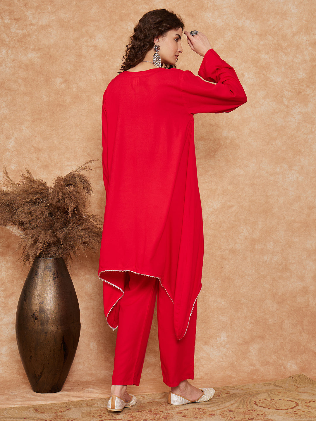 InWeave Women's Red Square Maroon Patch Work Assymentrical Kurta Set