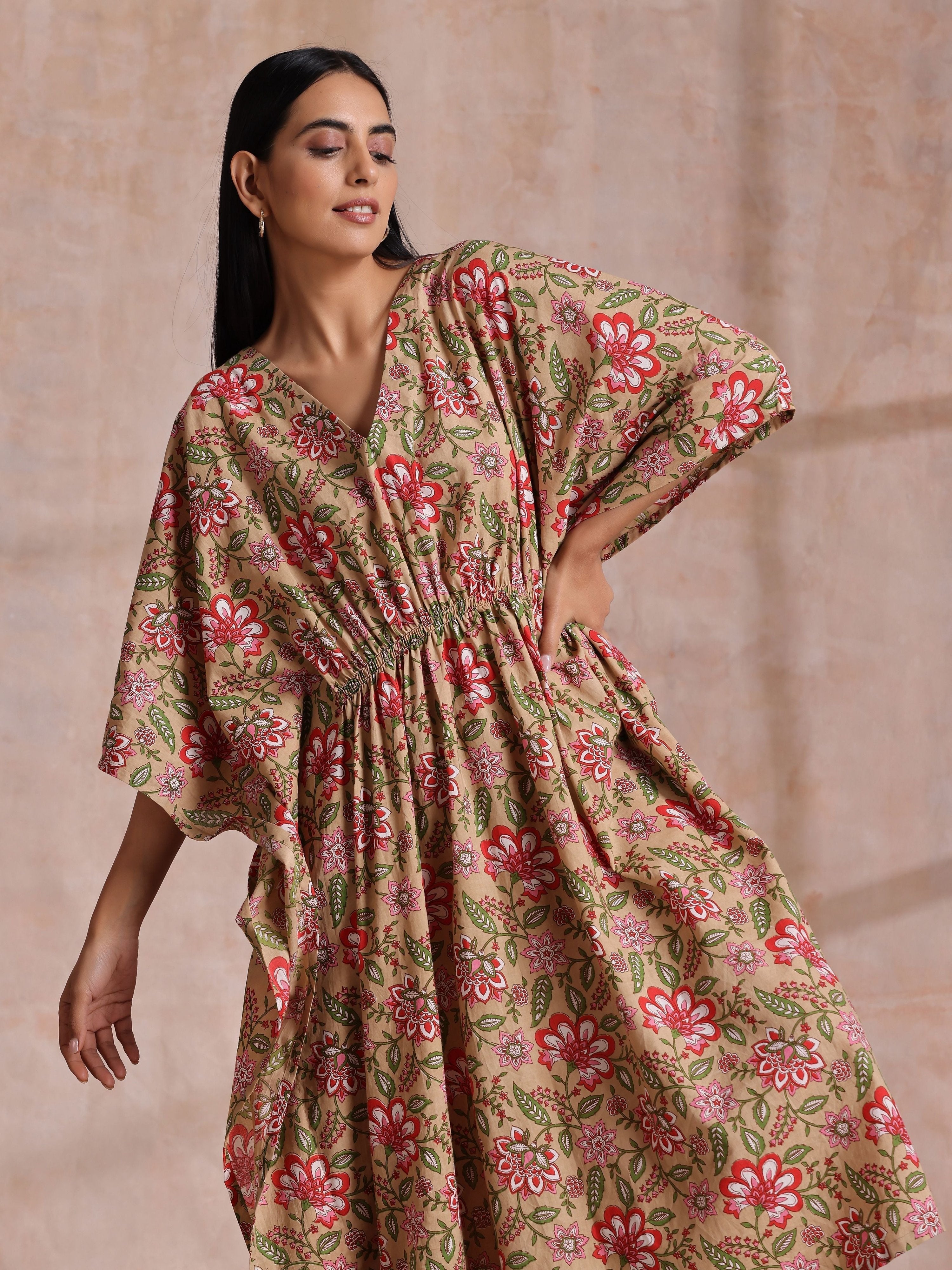 trueBrowns Beige Overall Big Floral Block Print Cotton Kaftan Dress