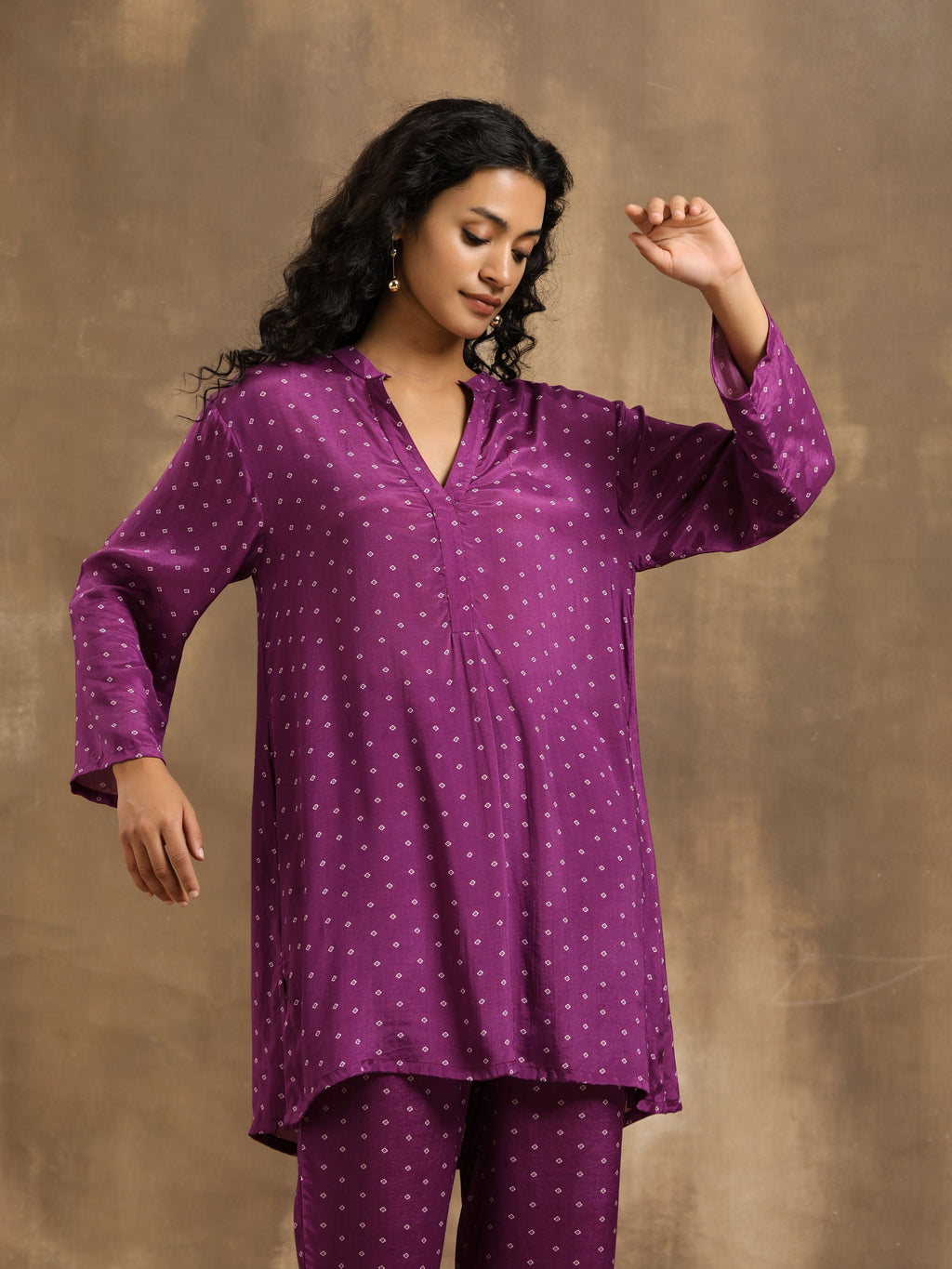 trueBrowns Purple Bandhani Printed Silk Co-Ord Set