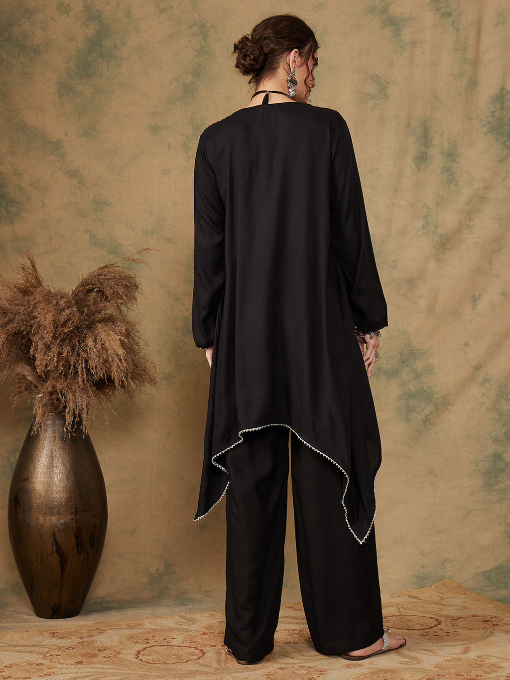 InWeave Women's Black Trangle Maroon Patch Work Assymentrical Kurta Set