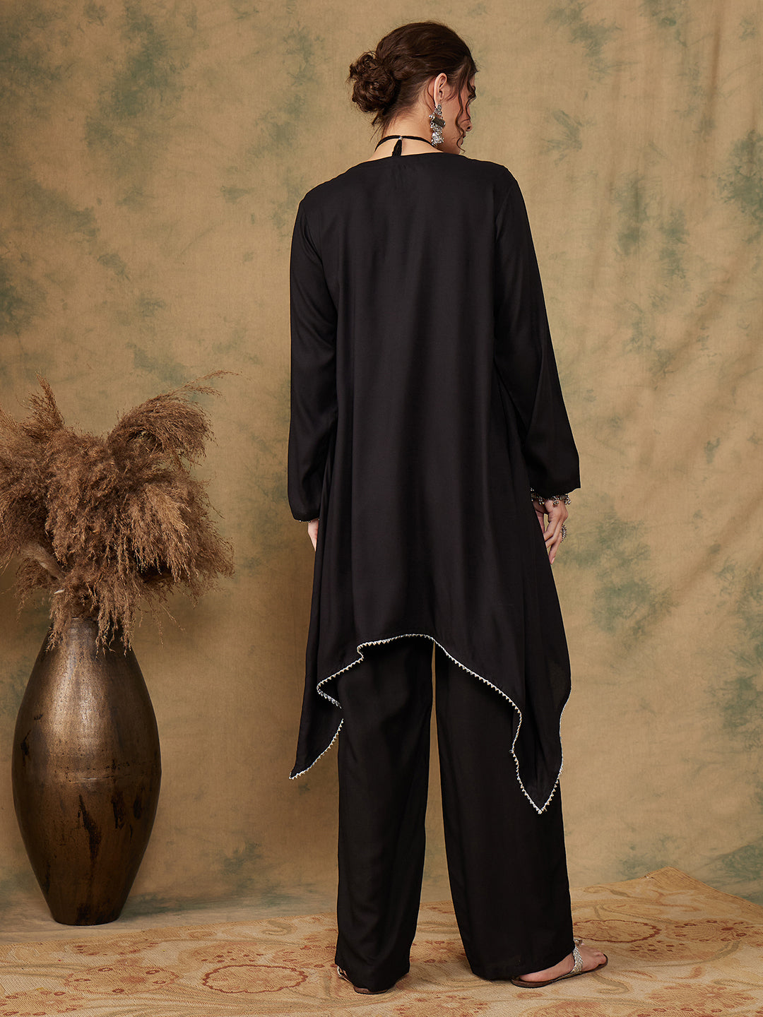 InWeave Women's Black Trangle Maroon Patch Work Assymentrical Kurta Set