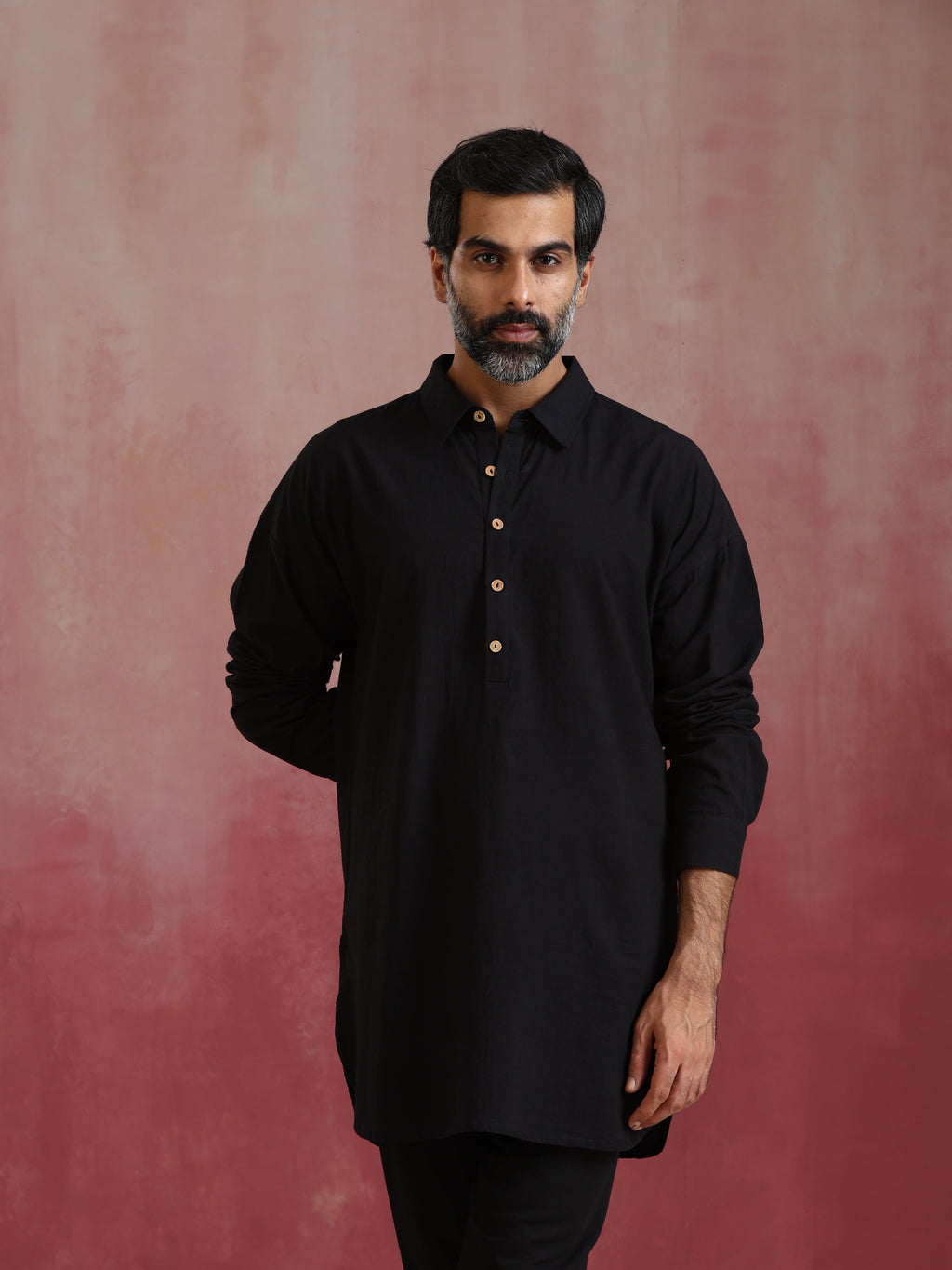 trueBrowns Men's Black Cotton Shirt Collar Stylized Kurta Co-ord set
