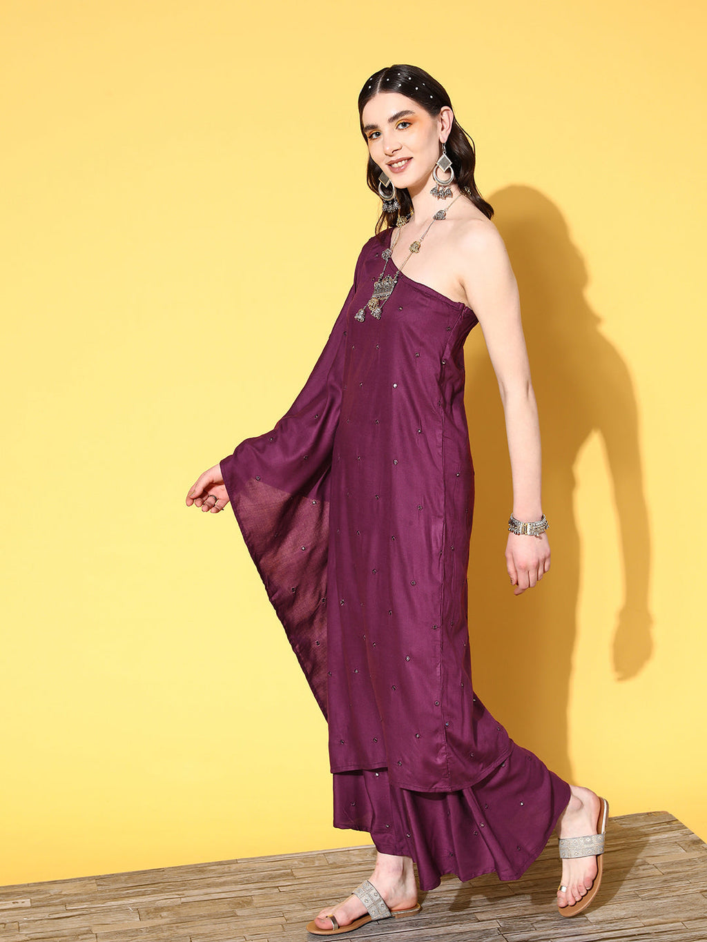 InWeave Women's Wine Mirror Work One Shoulder Kurta Set