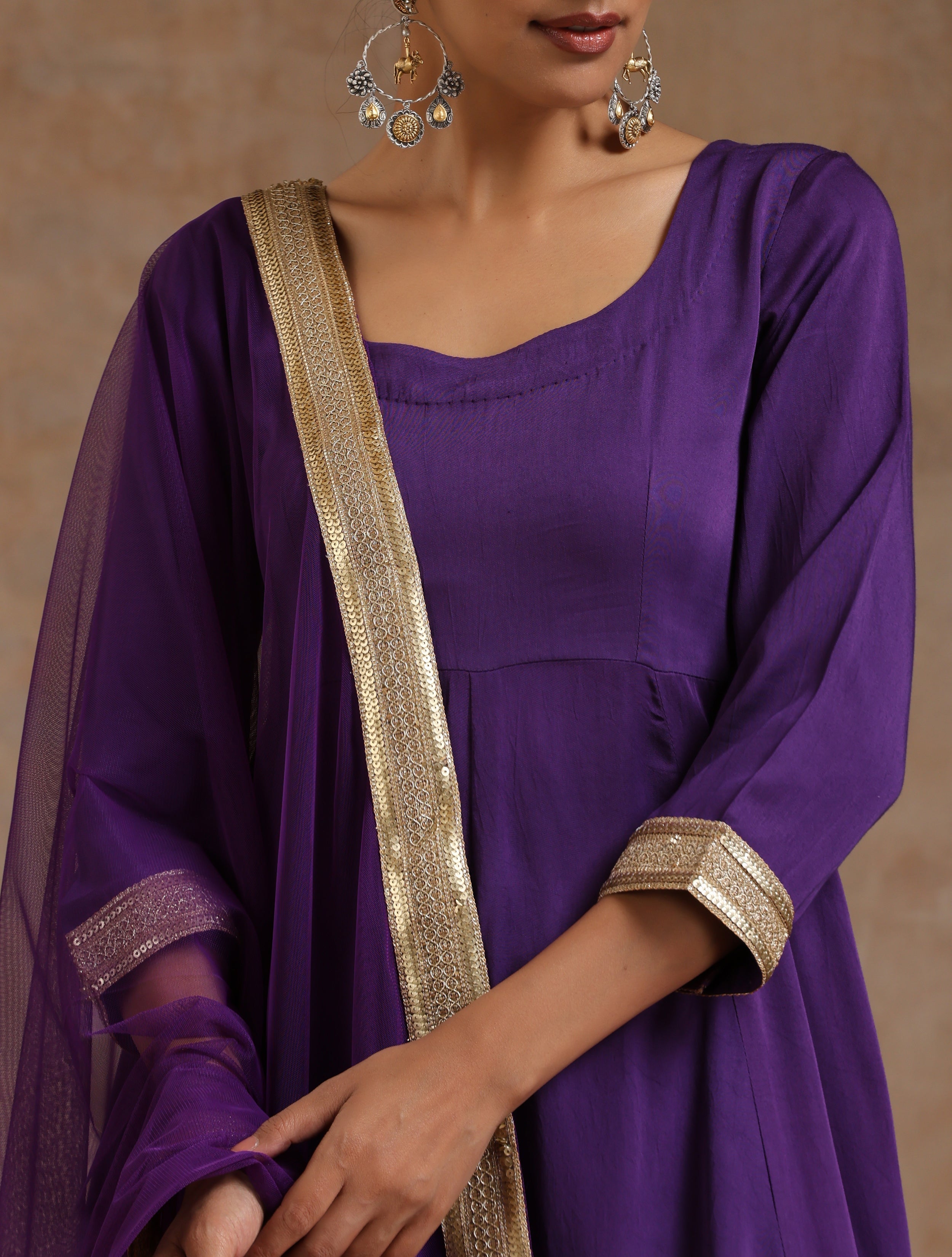 trueBrowns Violet Modal Satin Anarkali Set