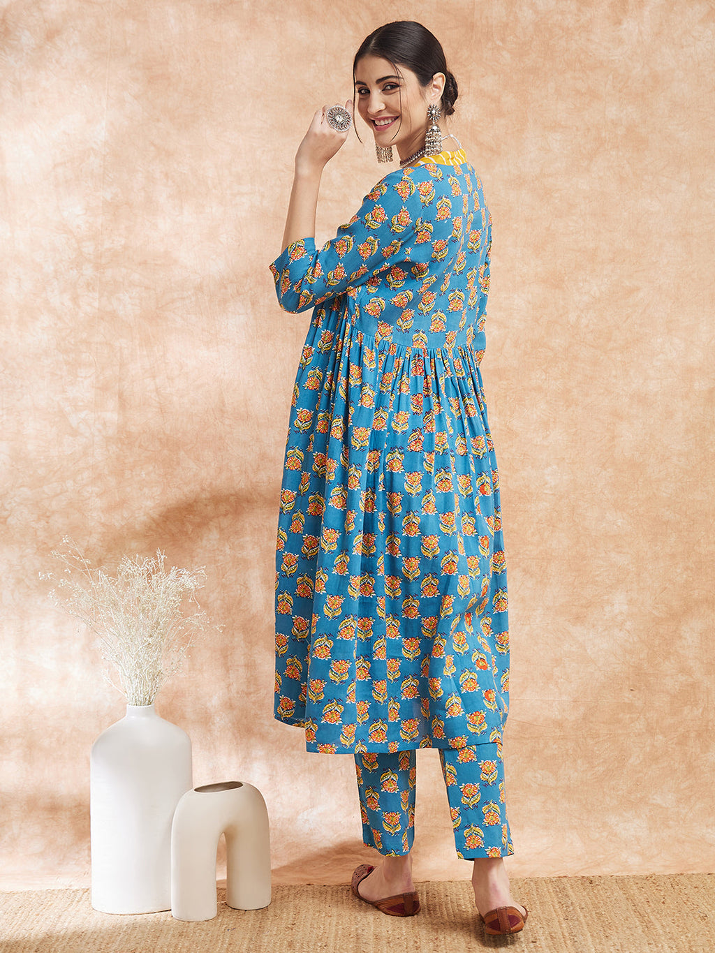 InWeave Women's Blue Orange Floral Yellow White Leh V Neck Kurta Set