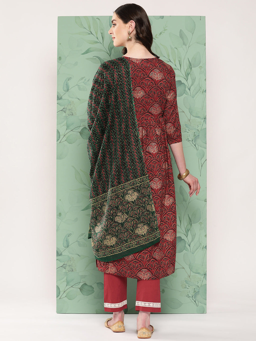 InWeave Women's Long Kurta Set Rust Ajrakh With Green Ajrakh Dupatta