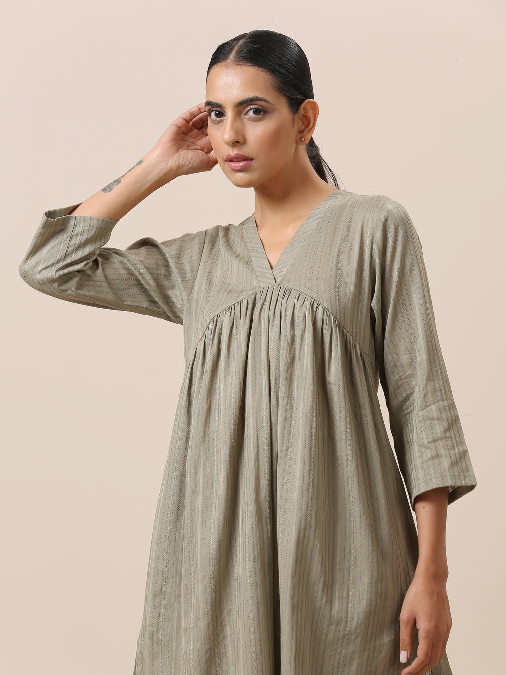 trueBrowns Cotton Olive Green Flared Slit Kurta Pant Set