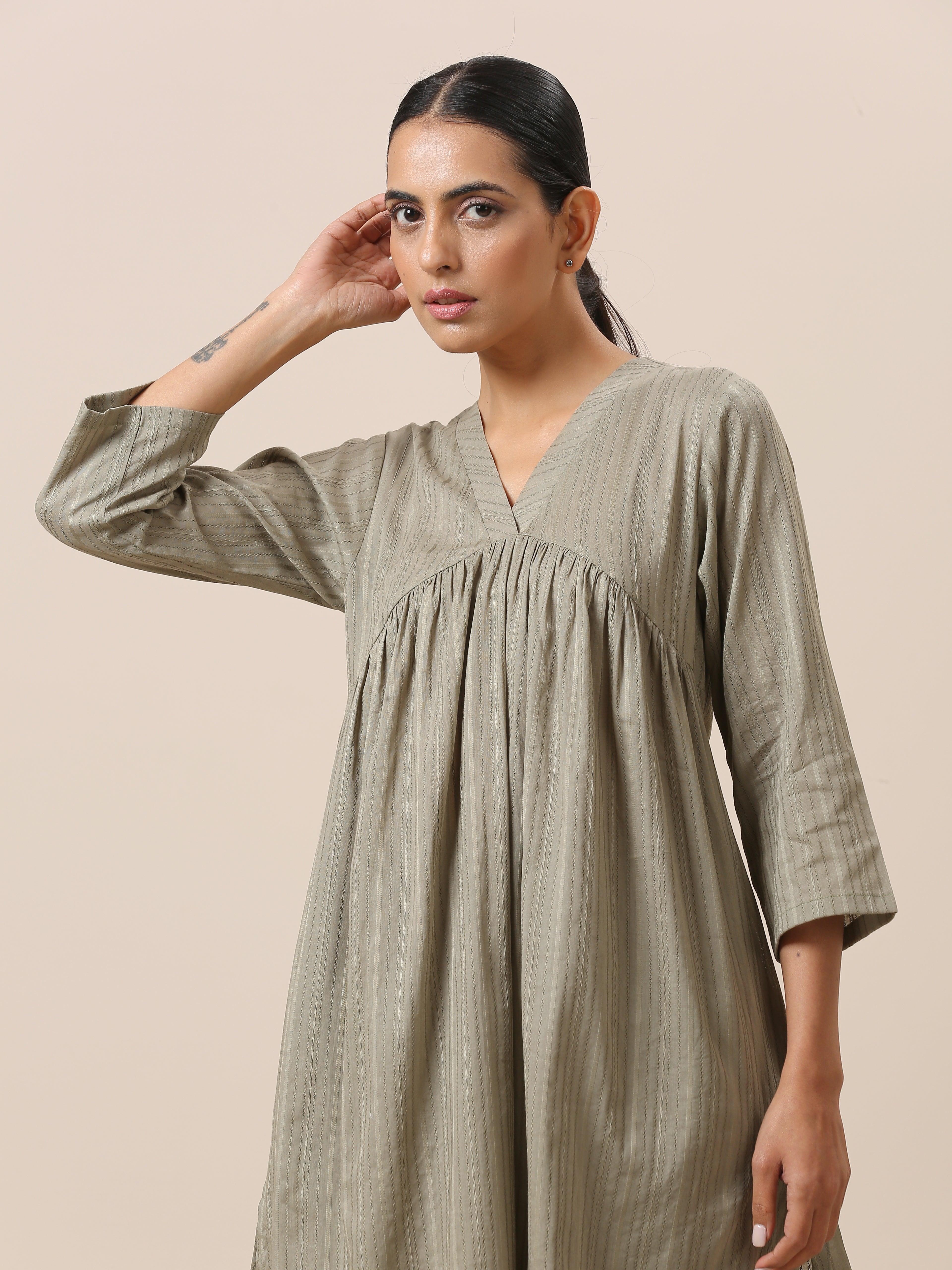 trueBrowns Cotton Olive Green Flared Slit Kurta Pant Set