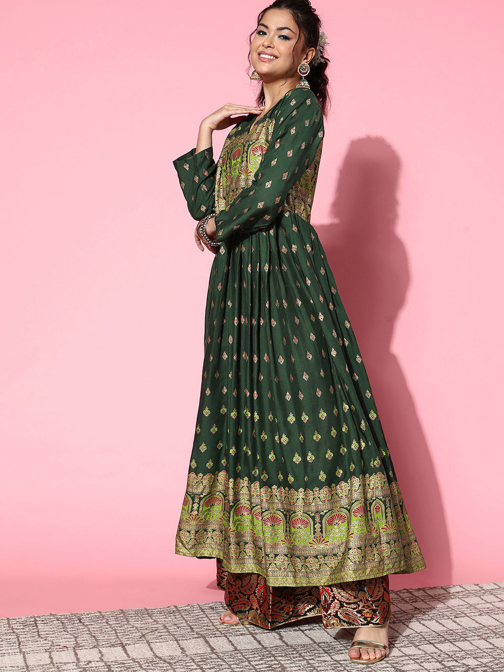 InWeave Women's Bottle Green Gold Border Anarkali Kurta