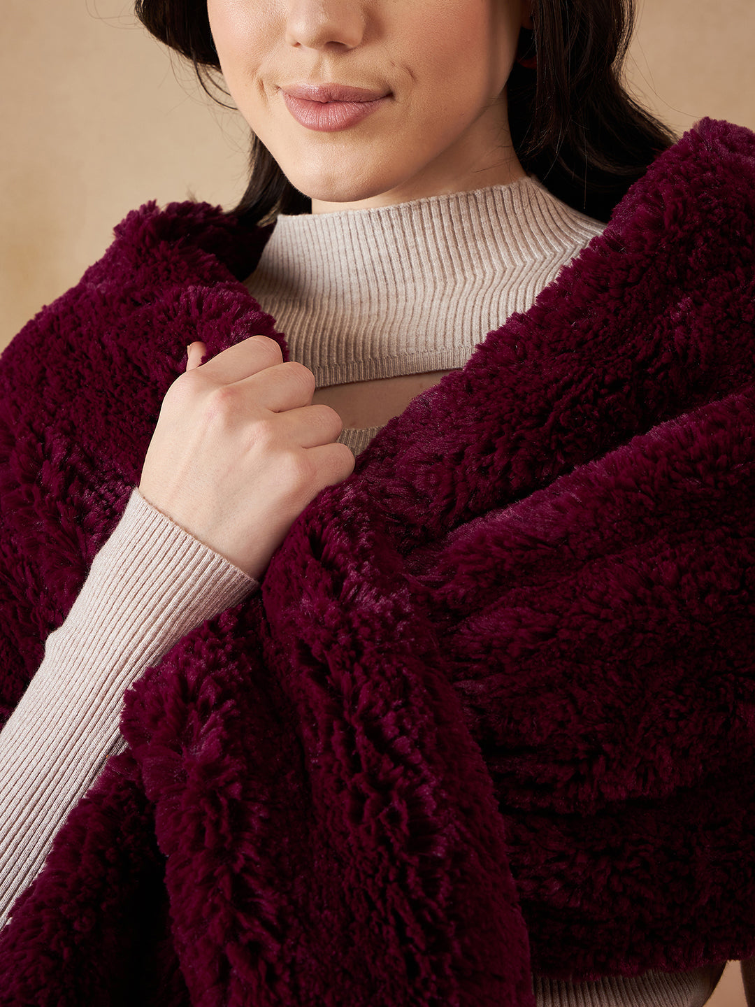 InWeave Women's Burgundy Long Faux Fur Cape