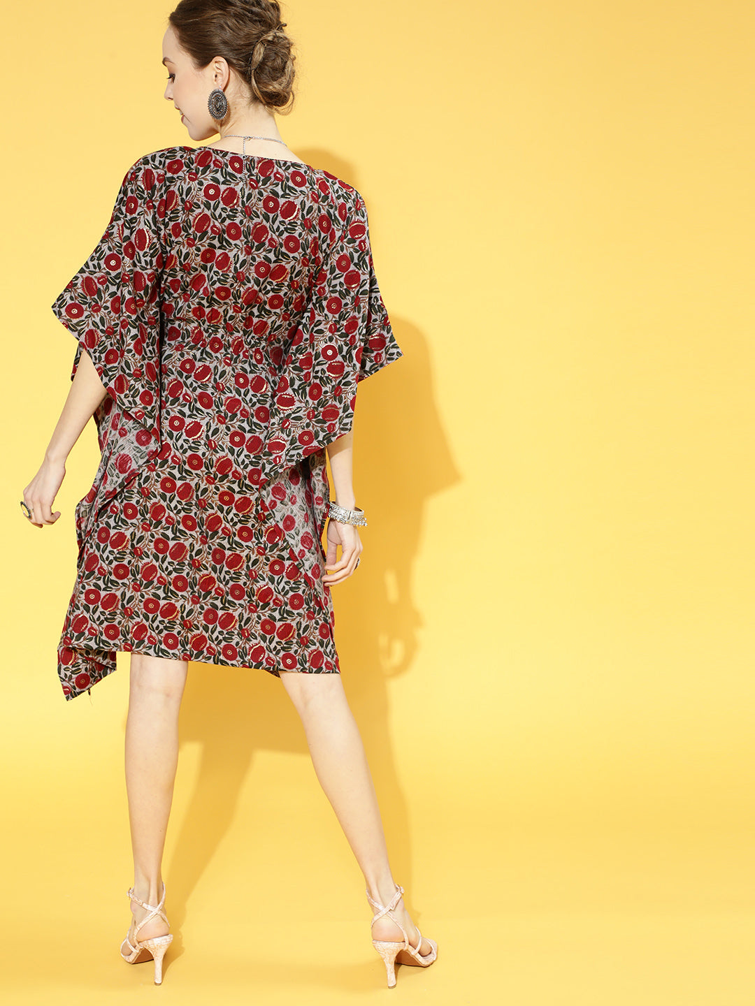 InWeave Women's Maroon Floral Jaal Print Kaftan Dress