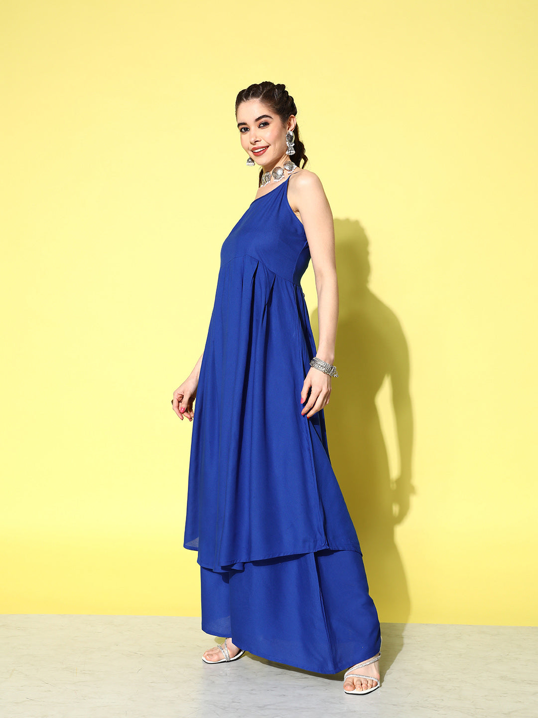 InWeave Women's Ink Blue Strappy Kurta Set With Peach Organza Cape