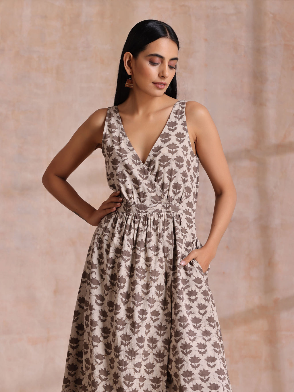 trueBrowns Clay Dabu Buta Print Cotton Sleeveless Wrap Dress