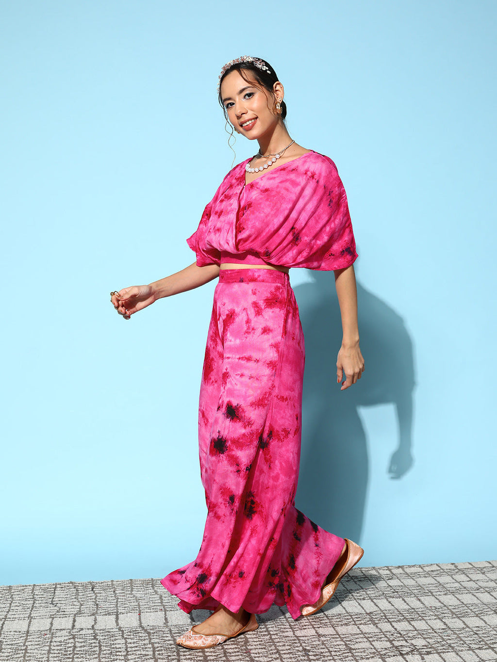 InWeave Women's Magenta Tie And Dye New Neckline Top Culottes Set
