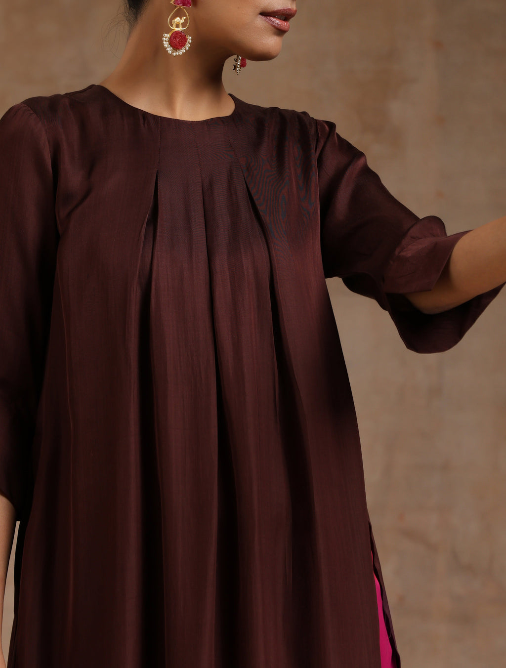 trueBrowns Cola Brown Modal Satin Neck Pleat Kurta Set