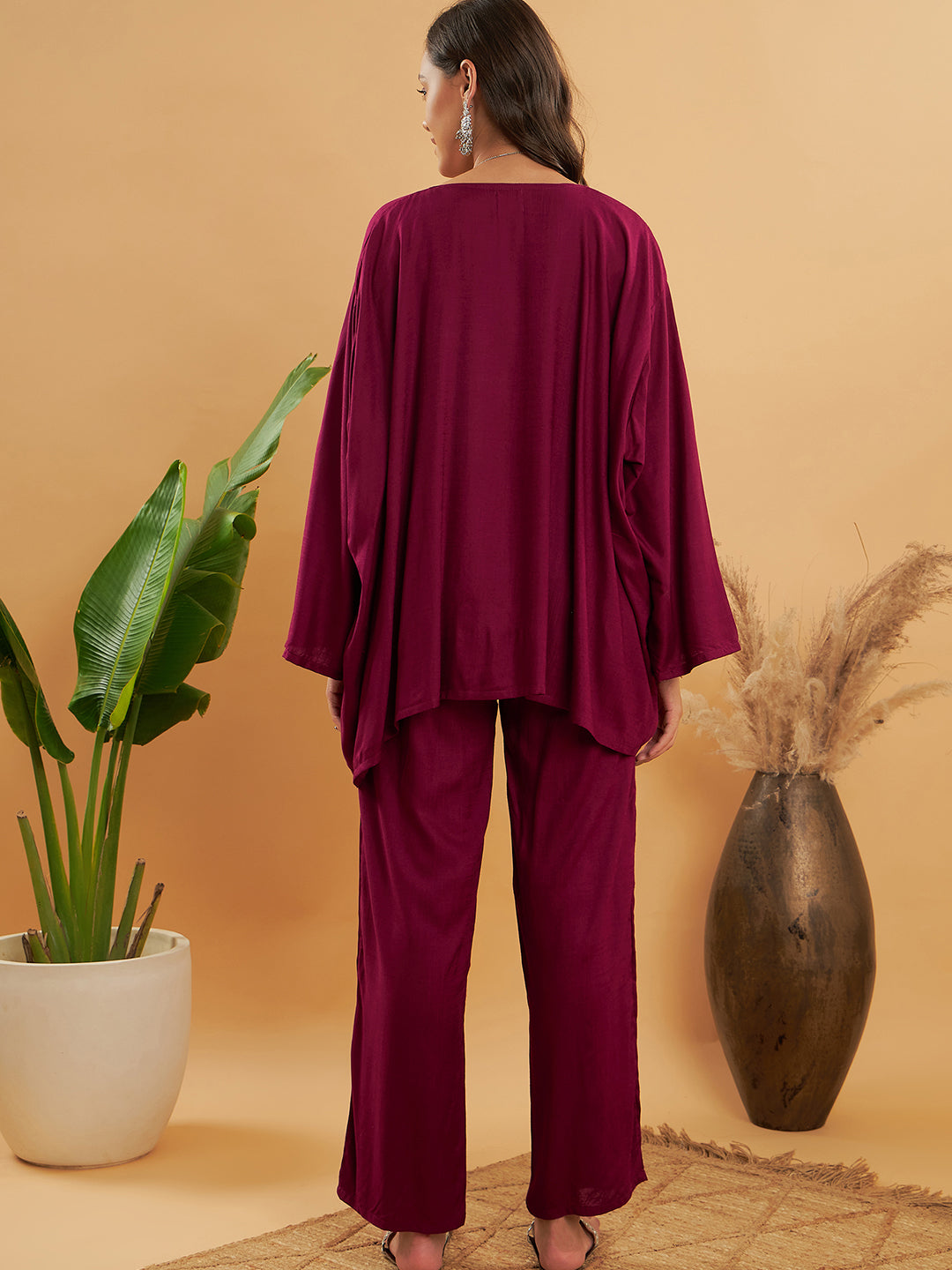 InWeave Women's Jam Wine Solid Boho Full Sleeve Coord Set