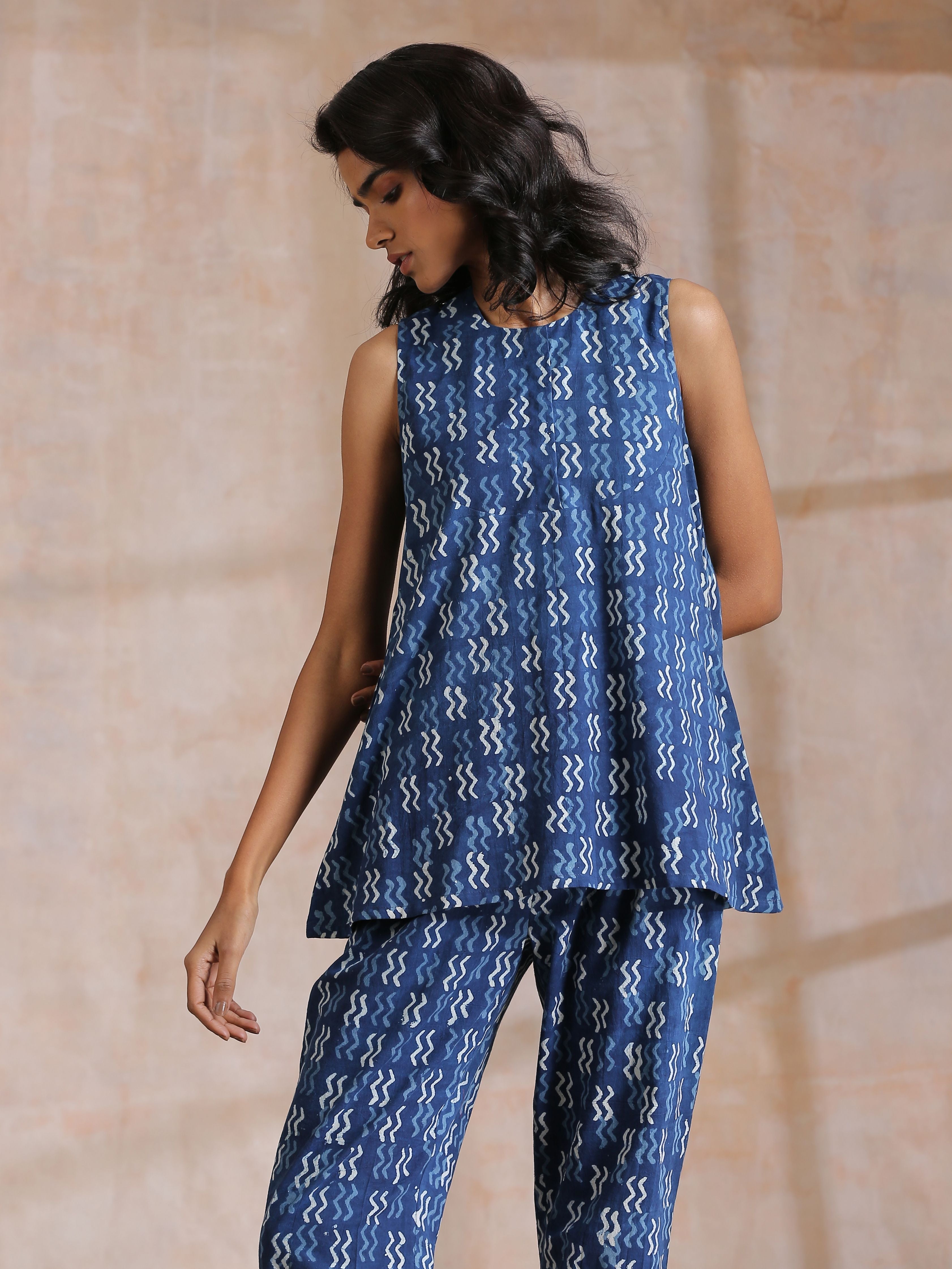 trueBrowns Indigo Dabu Zig-Zag Motifs Print Cotton Sleeveless Co-Ord Set