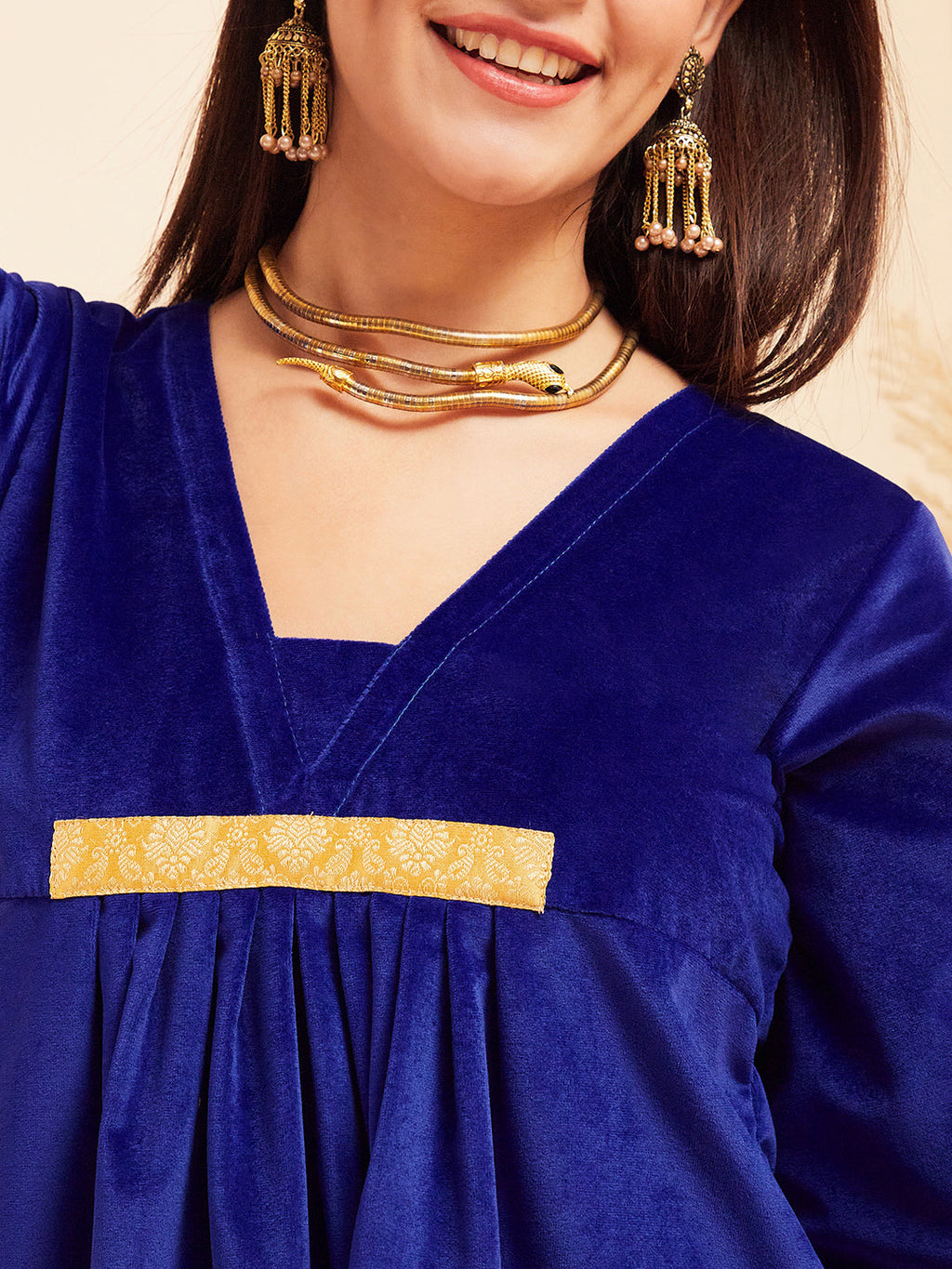 InWeave Women's Royal Blue V Neck Asymmetrical Pleated Velvet Kurta Set