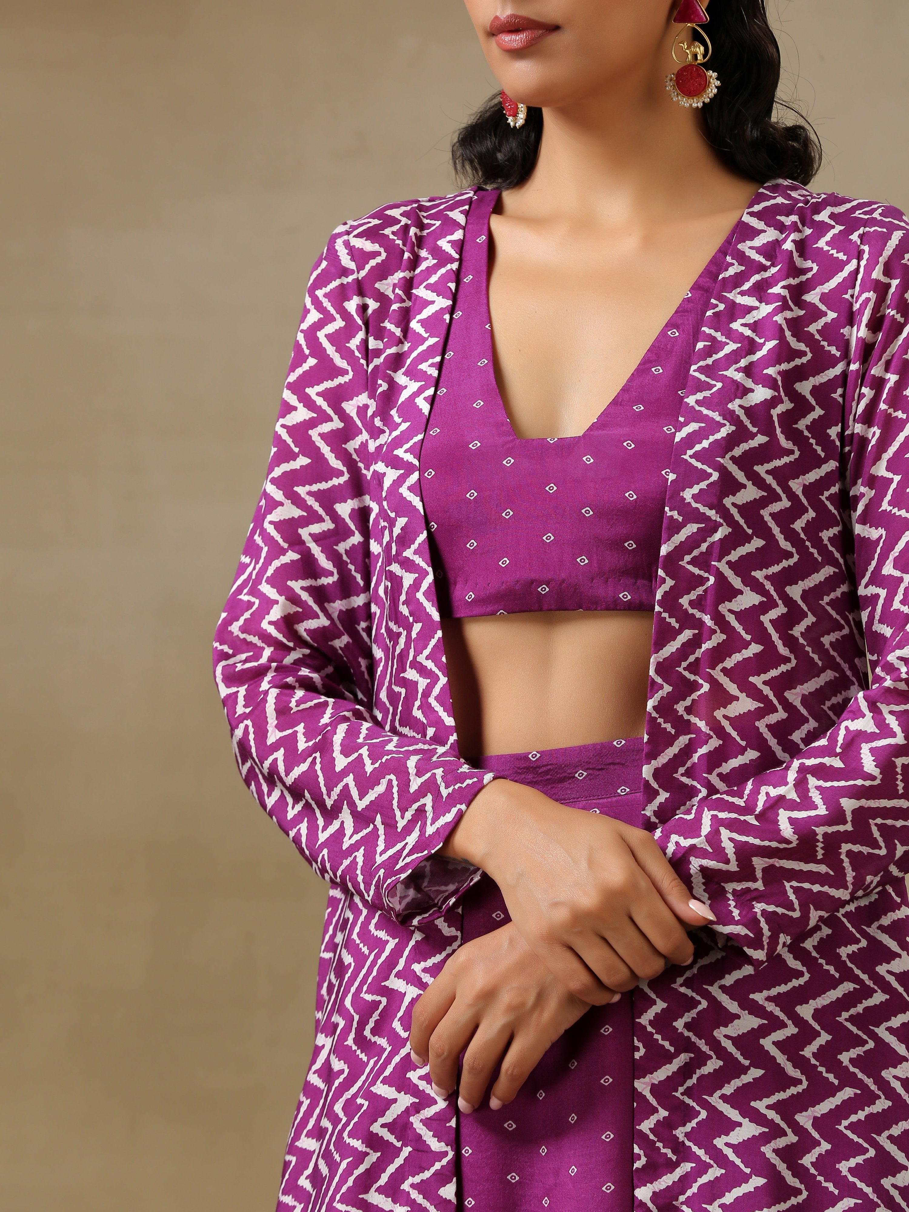 trueBrowns Purple Bandhani Printed Silk Top Skirt Jacket Set