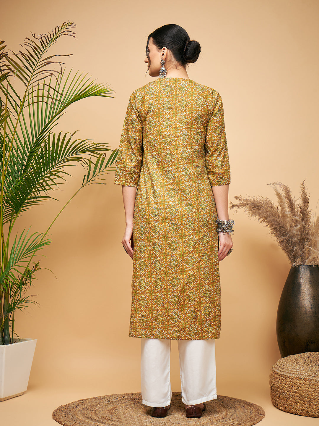 InWeave Women's Olive Ajrakh Print Cotton Patch Work Straight Kurta