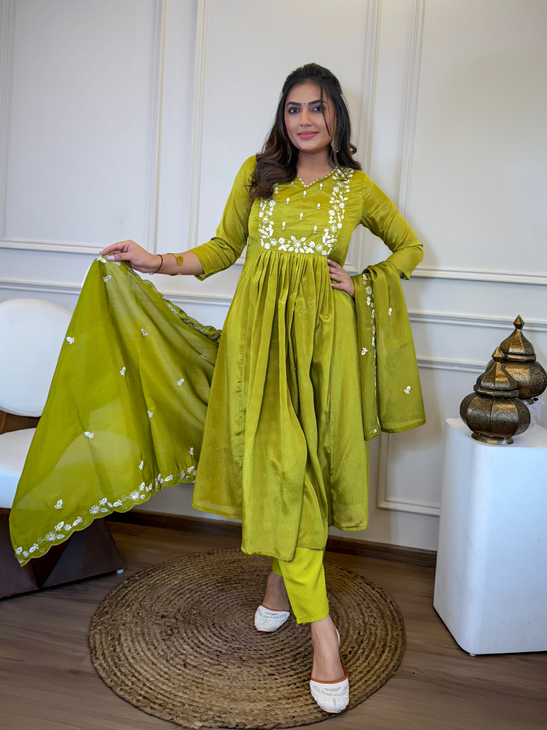 The52 Women's Gorgeous Chinon Embroidery Straight Kurta with Pant And Dupatta Set