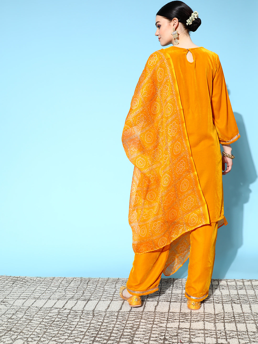 InWeave Women's Mustard Velvet Kurta Set With Mustard Kota Bandhani Dupatta