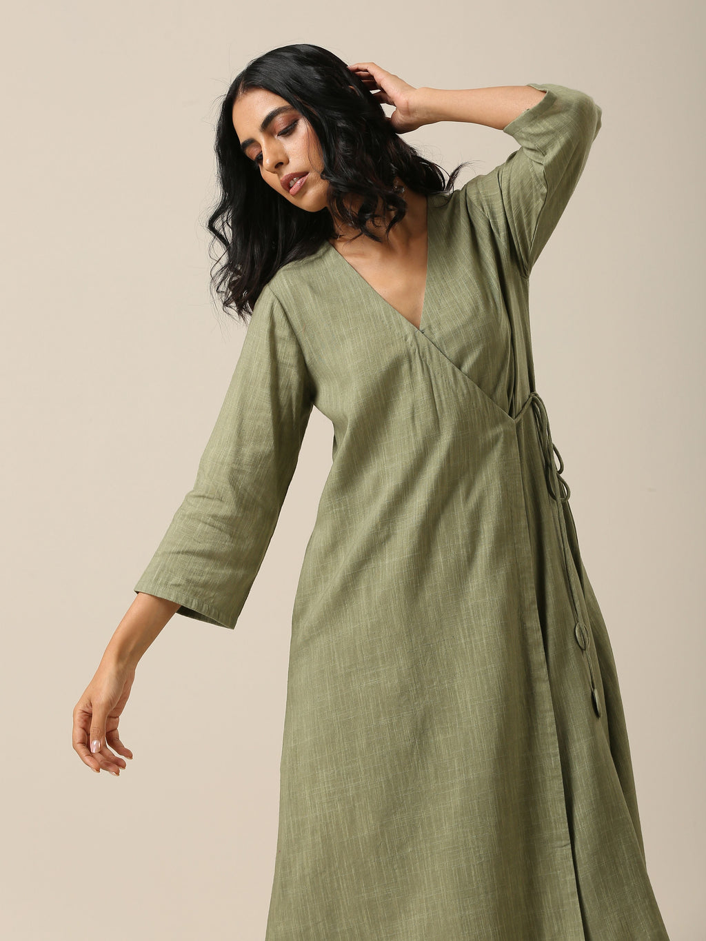 trueBrowns Sage Slub Texture Angrakha Pant Set