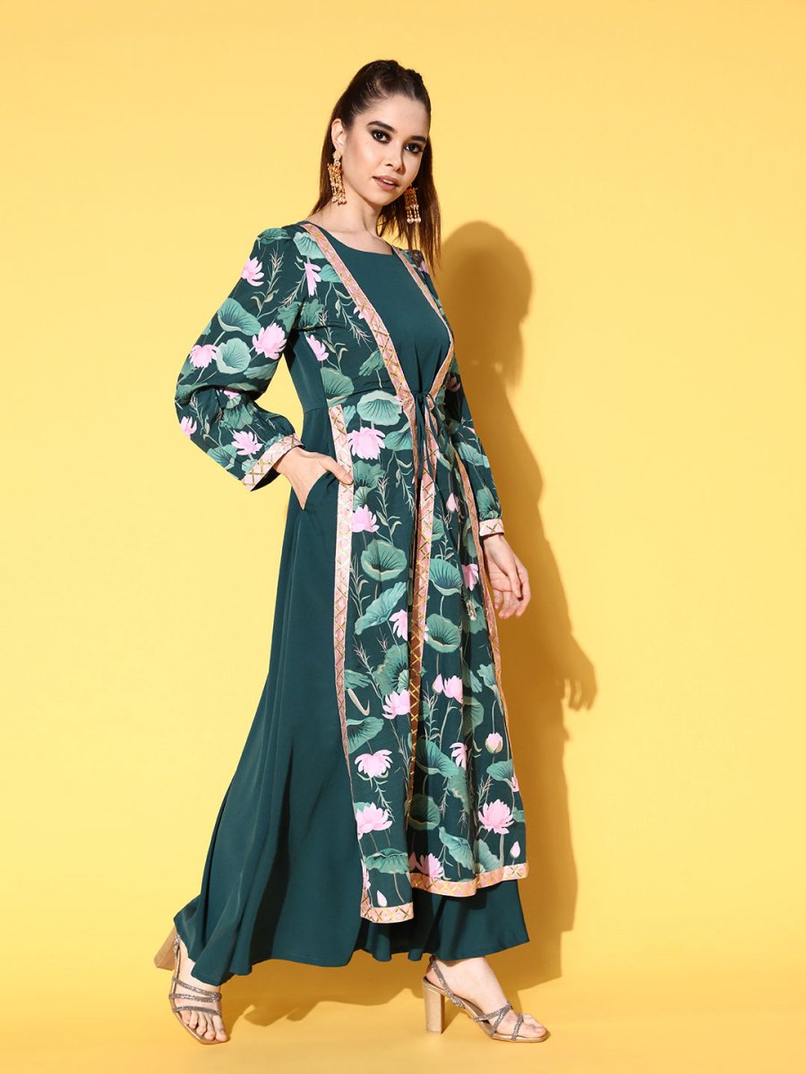 Ahalyaa Green Crepe Puff Sleeves Floral Printed Maxi Ethnic Dress with Waist Tie-Ups