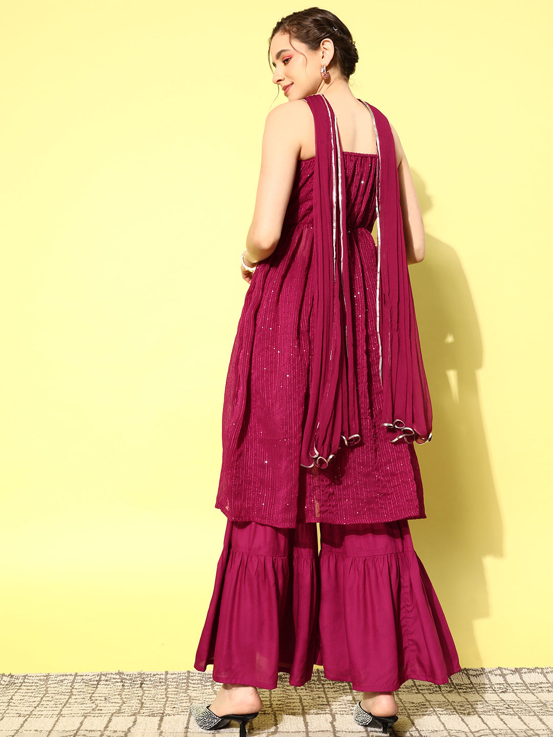 InWeave Women's Maroon Gota Insert Neckline Sharara Set