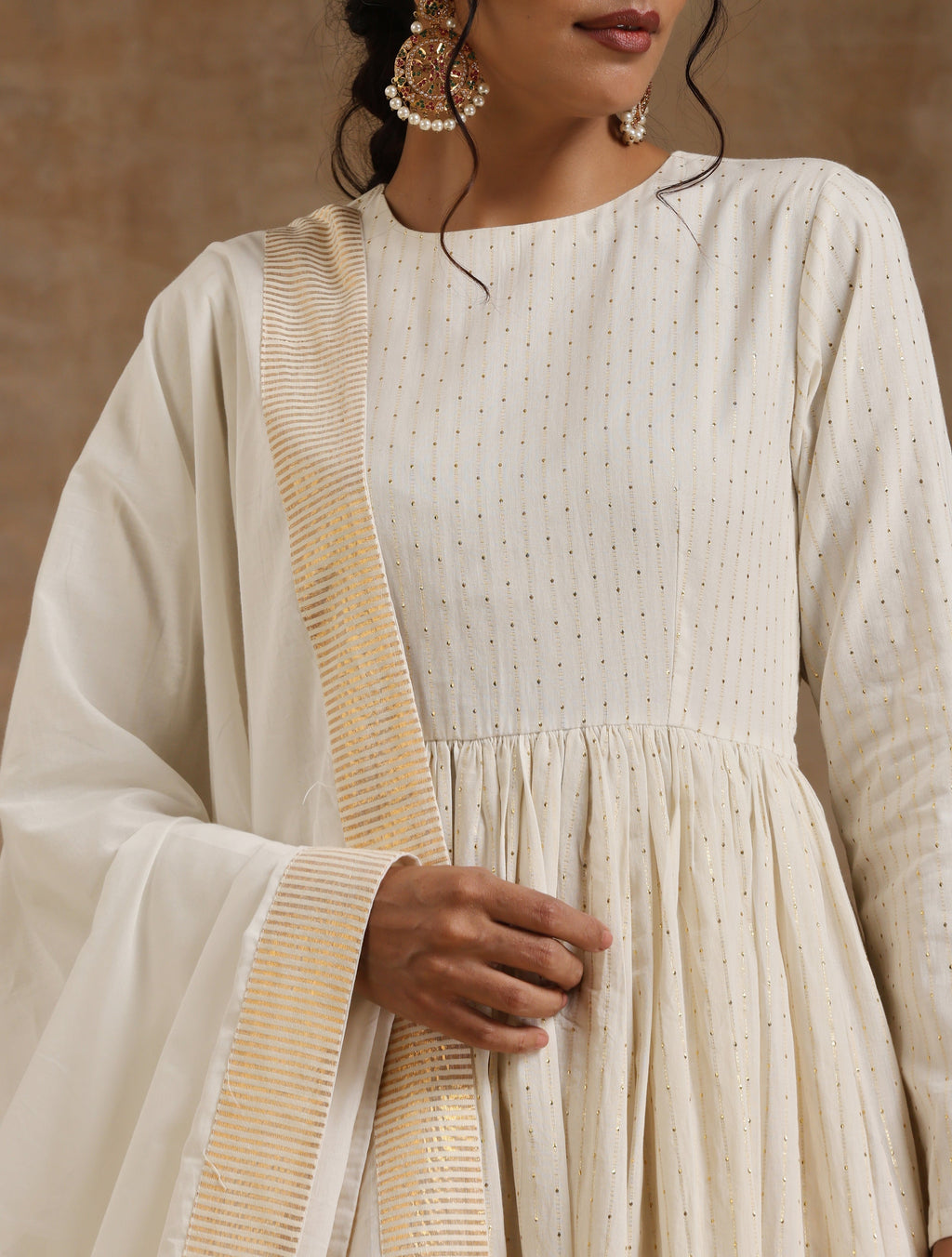 trueBrowns Ivory Gold Cotton Anarkali Set
