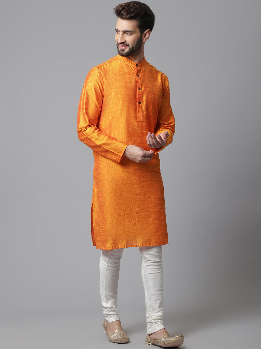 Even Apparels Orange Solid Kurta With Band Collar