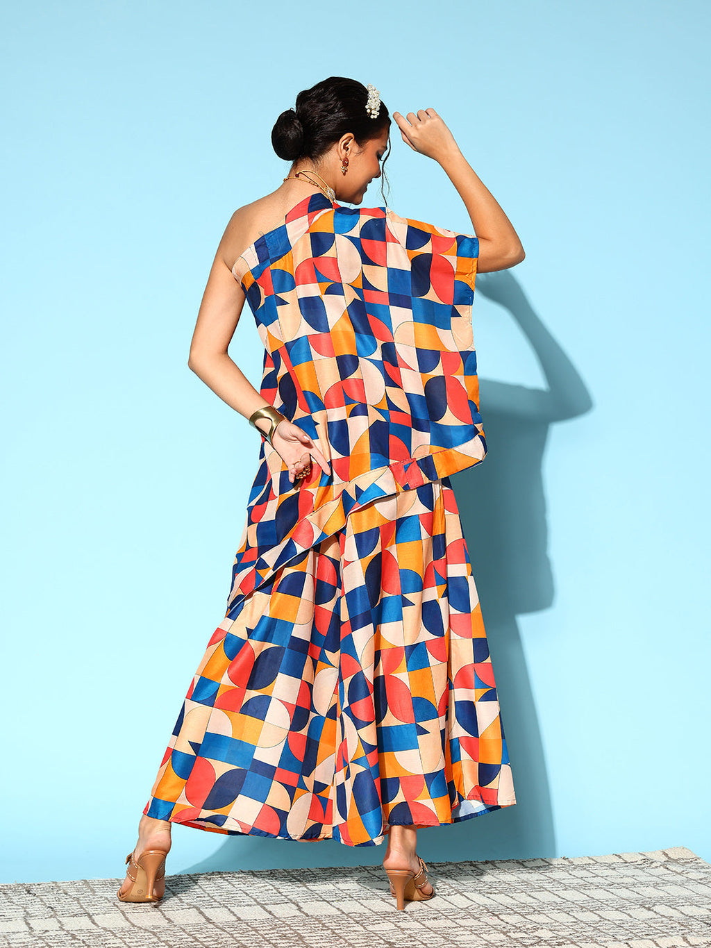 InWeave Women's Multi Geometric Print One Shoulder Top With Palazzo Set