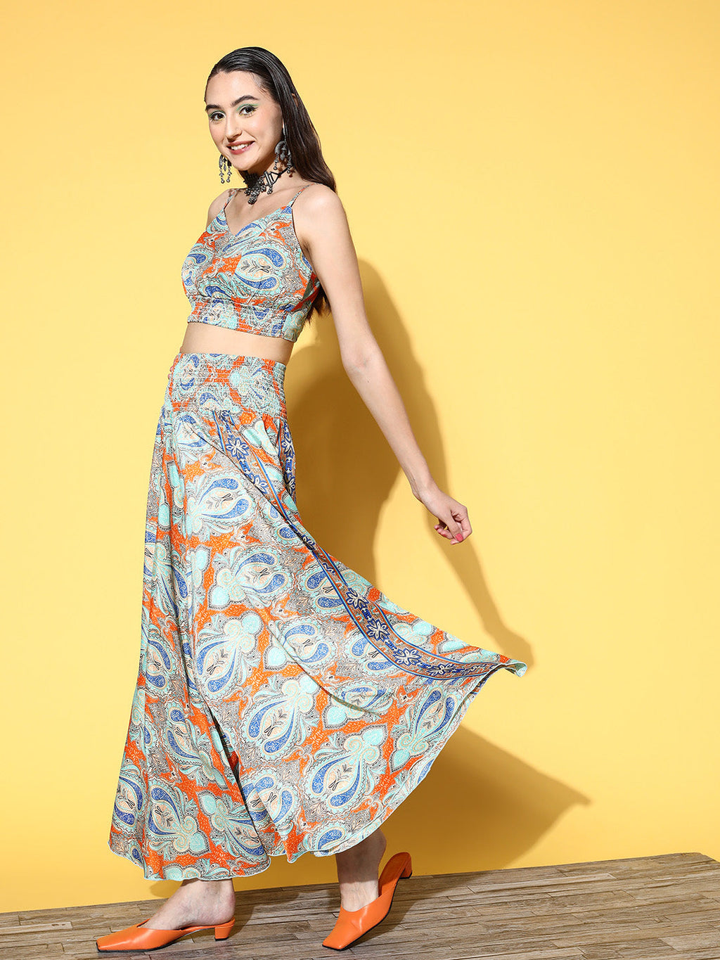 InWeave Women's Blue Orange Paisley Print Coord Set