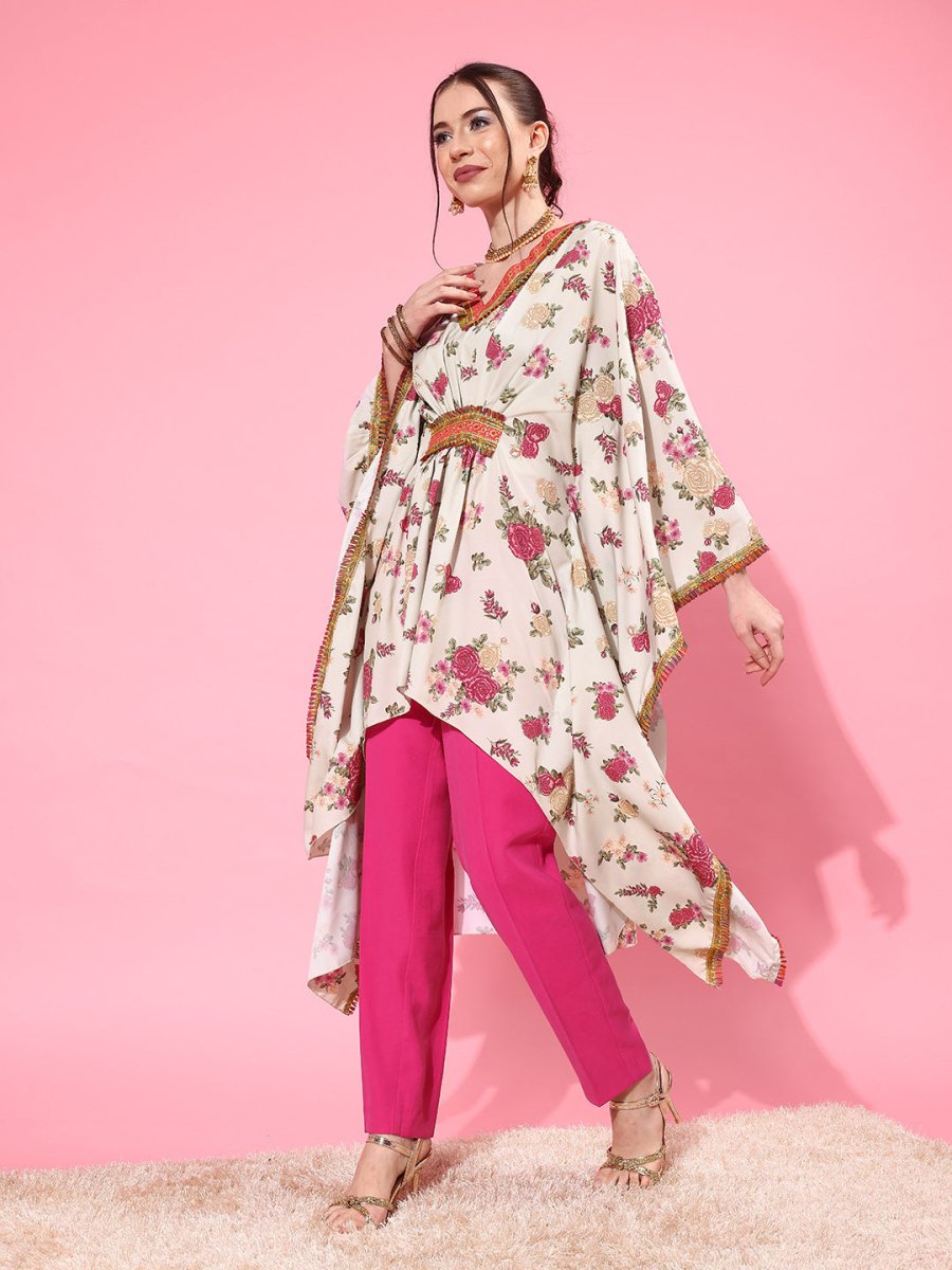 Ahalyaa Women Floral Printed Flared Sleeves Thread Work Crepe Kaftan Kurta