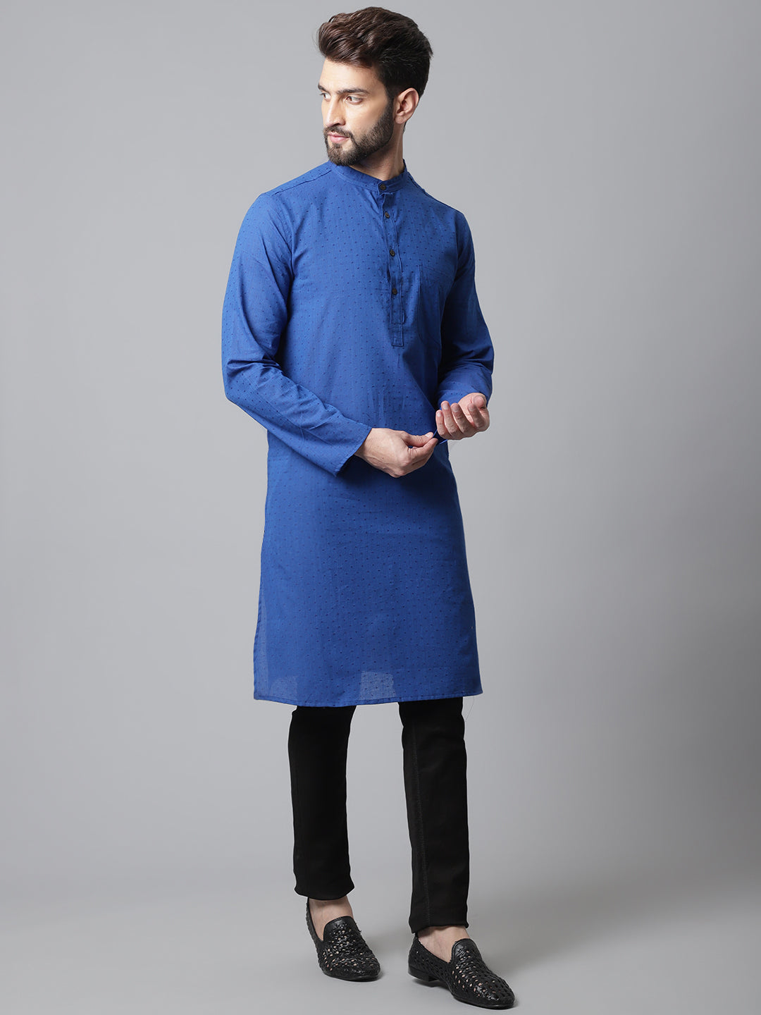 Even Apparels Blue Solid Kurta With Band Collar