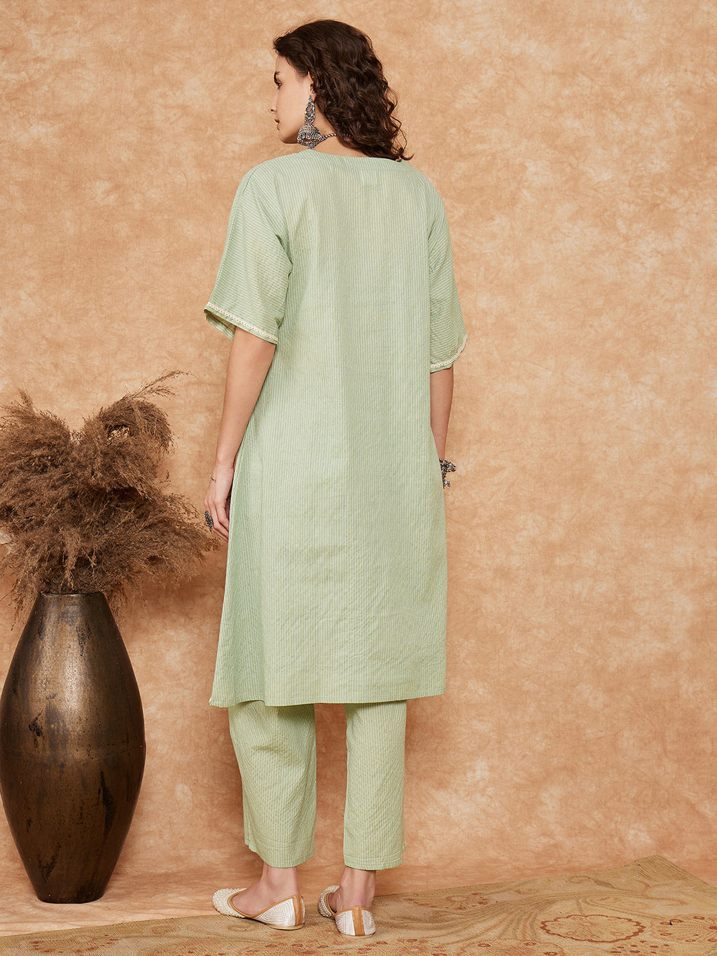InWeave Women's Sage Green Kantha Lace Wrok Kimono Sleeve Kurta Set