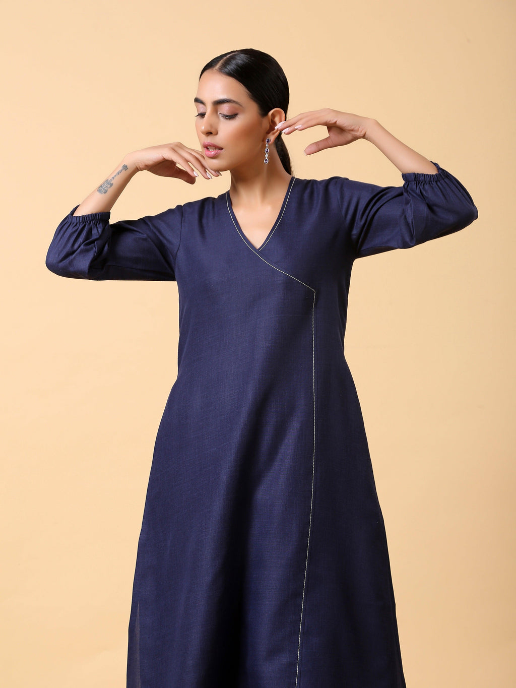 trueBrowns Cotton Linen Dark Blue Kurta Pant Set