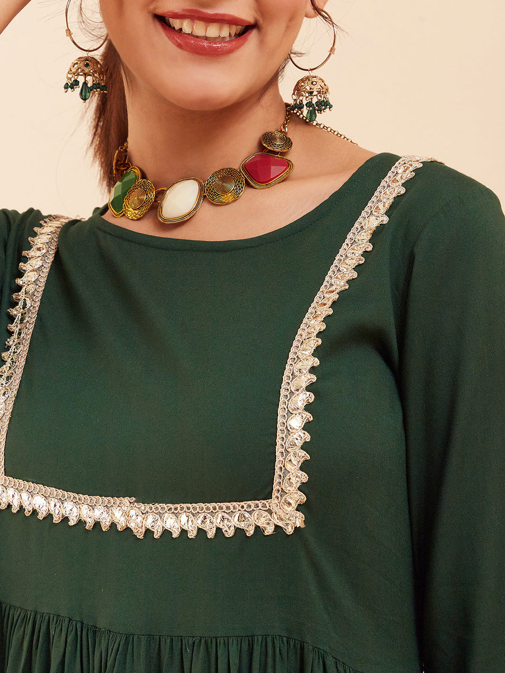InWeave Women's Forest Green Round Neck Square Gota Work Kurta Pant Set