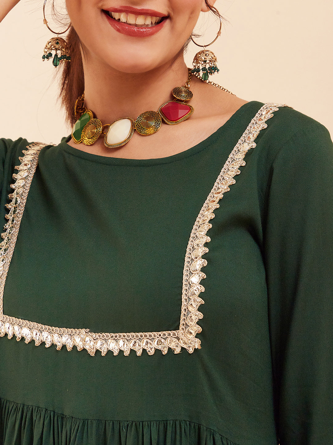 InWeave Women's Forest Green Round Neck Square Gota Work Kurta Pant Set