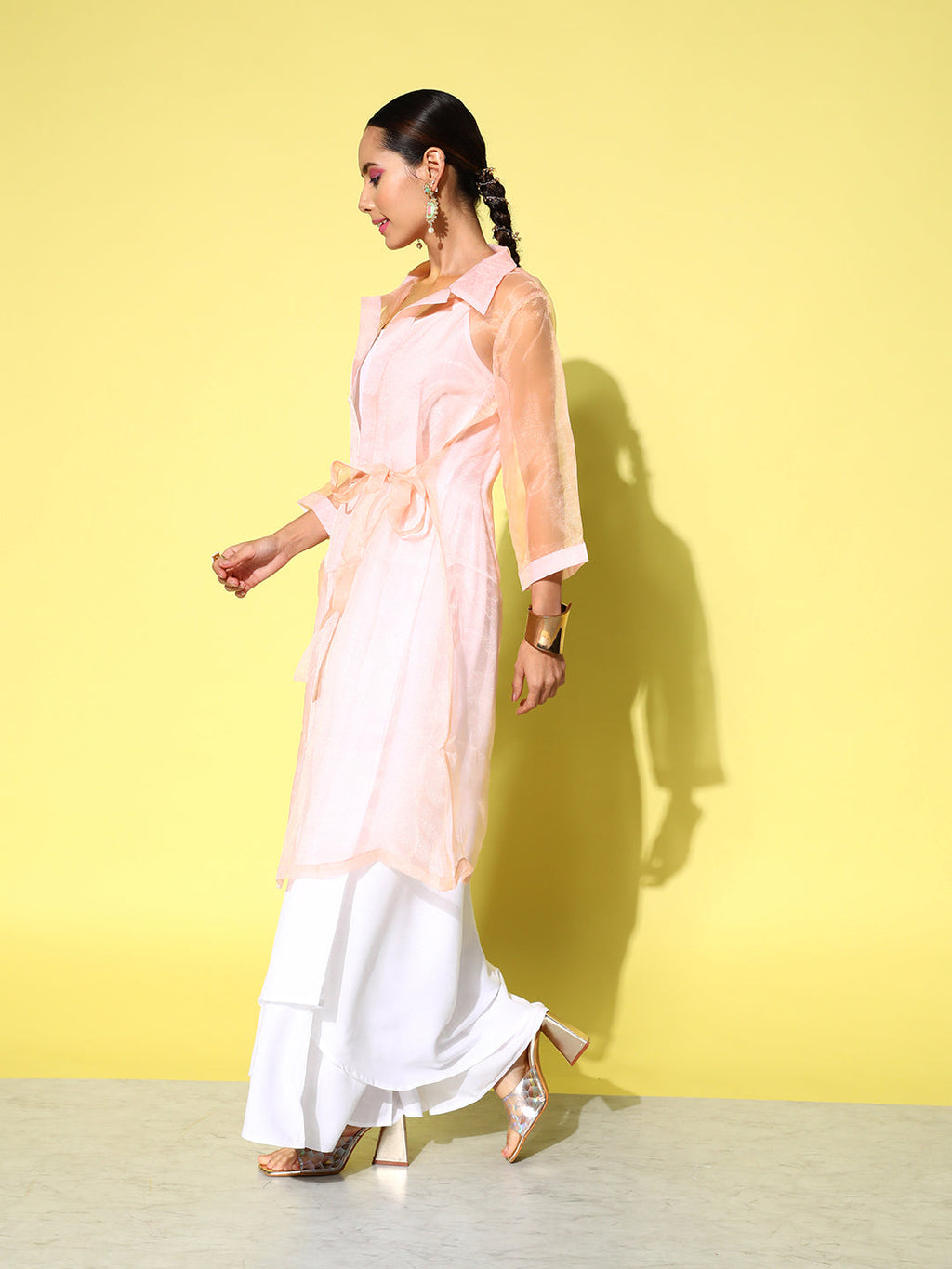 InWeave Women's Cream Strappy Kurta Set With Peach Organza Cape