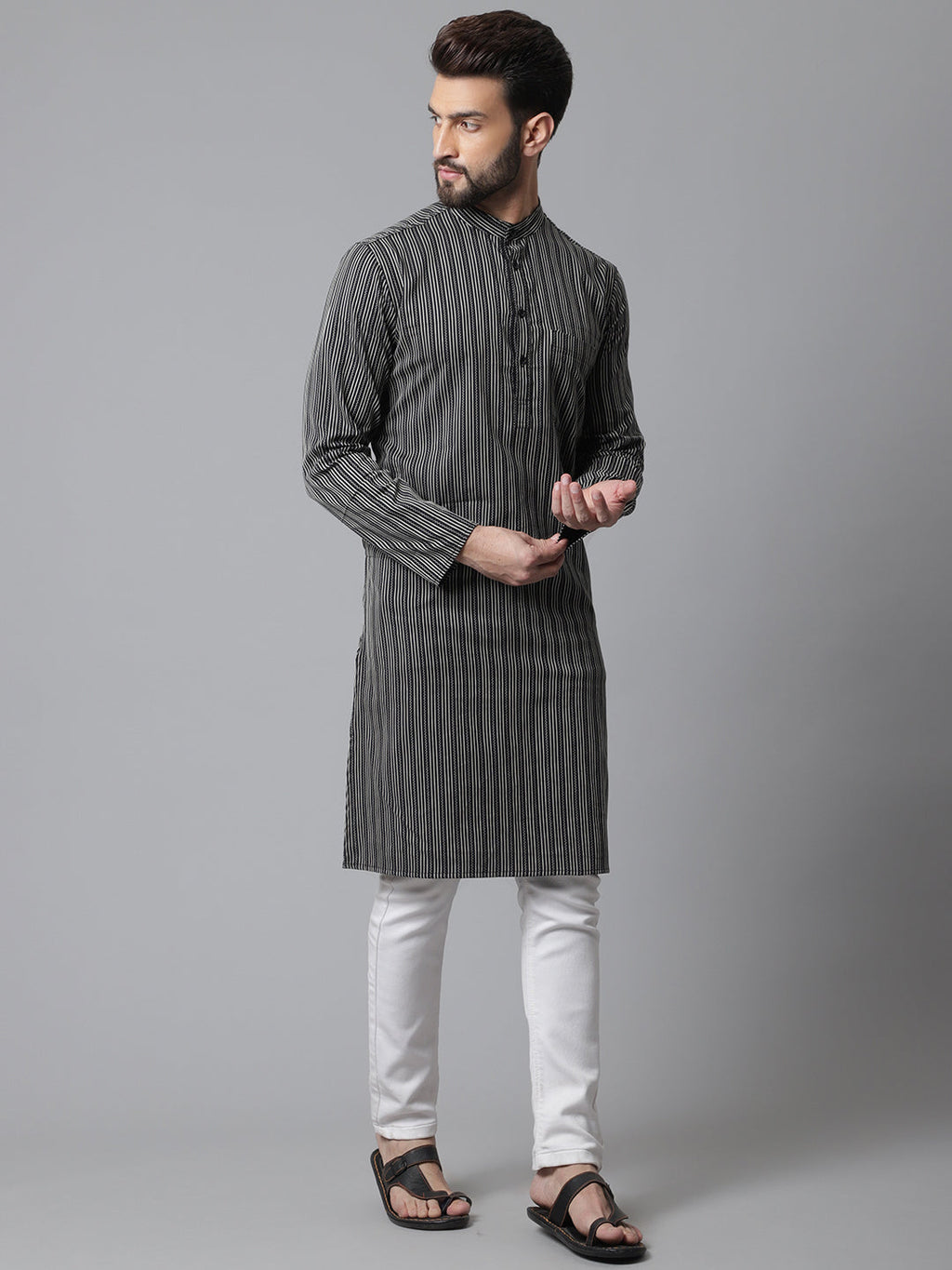 Even Apparels Black Pure Cotton Kurta With Band Collar