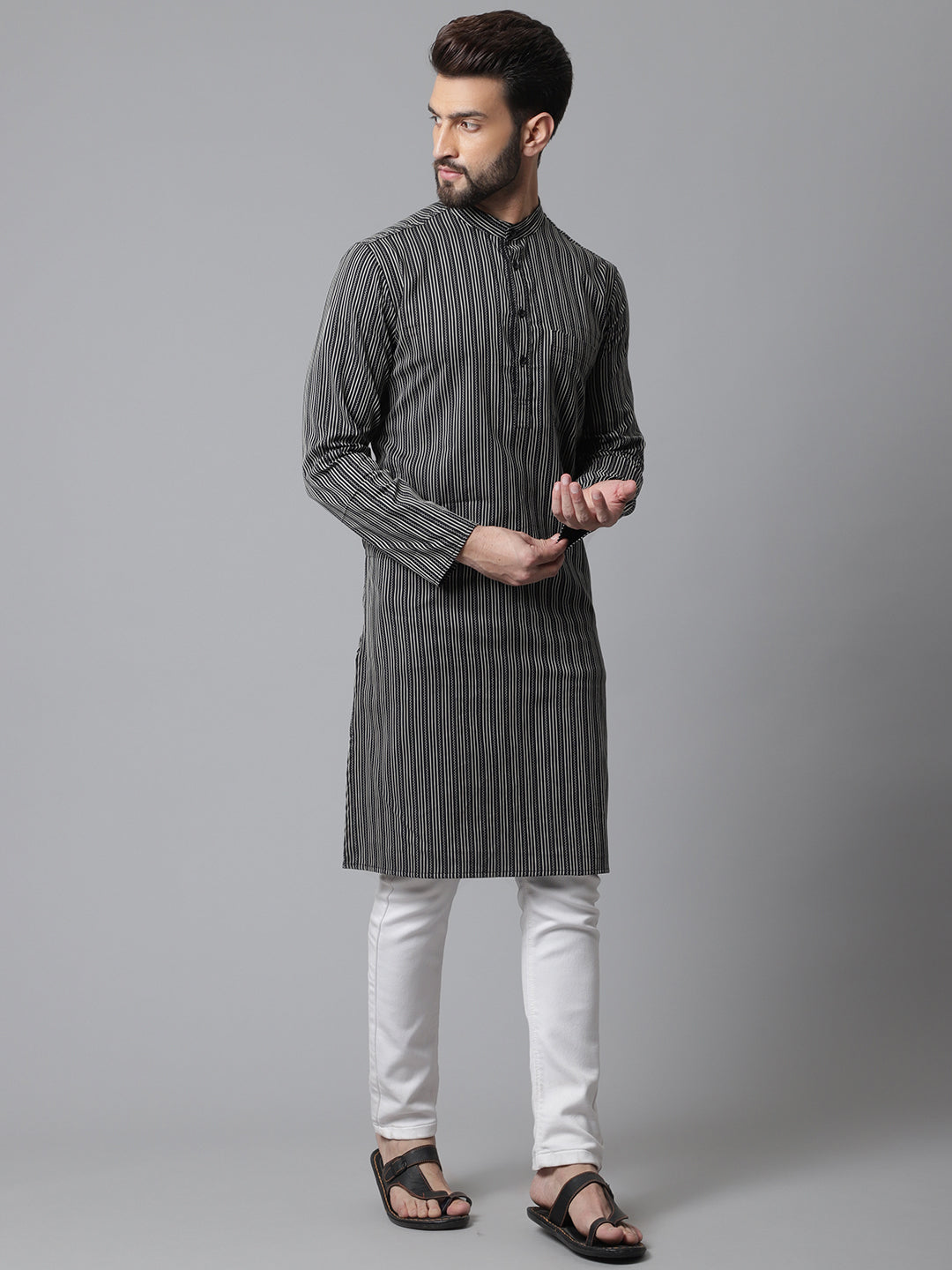 Even Apparels Black Pure Cotton Kurta With Band Collar