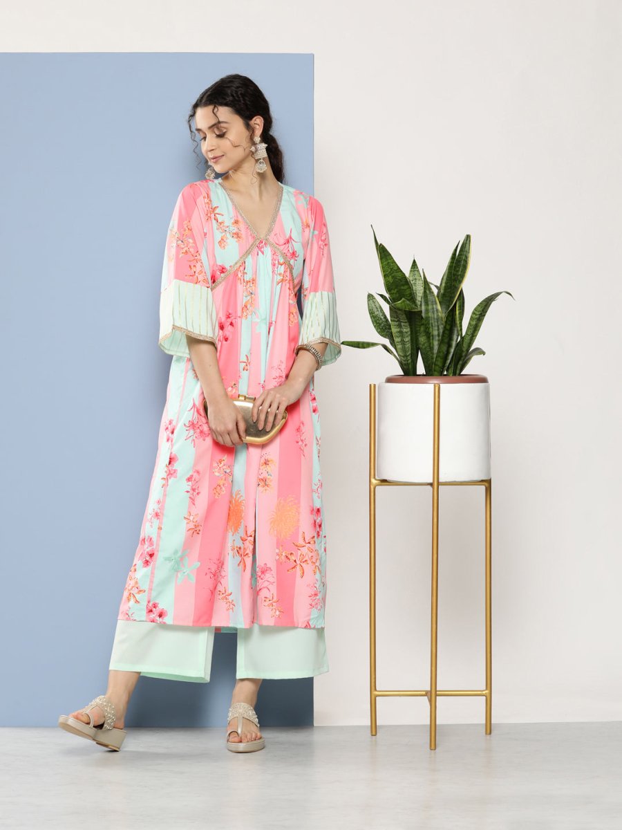 Ahalyaa Women Floral Printed Pleated Gotta Patti Kurta With Palazzos