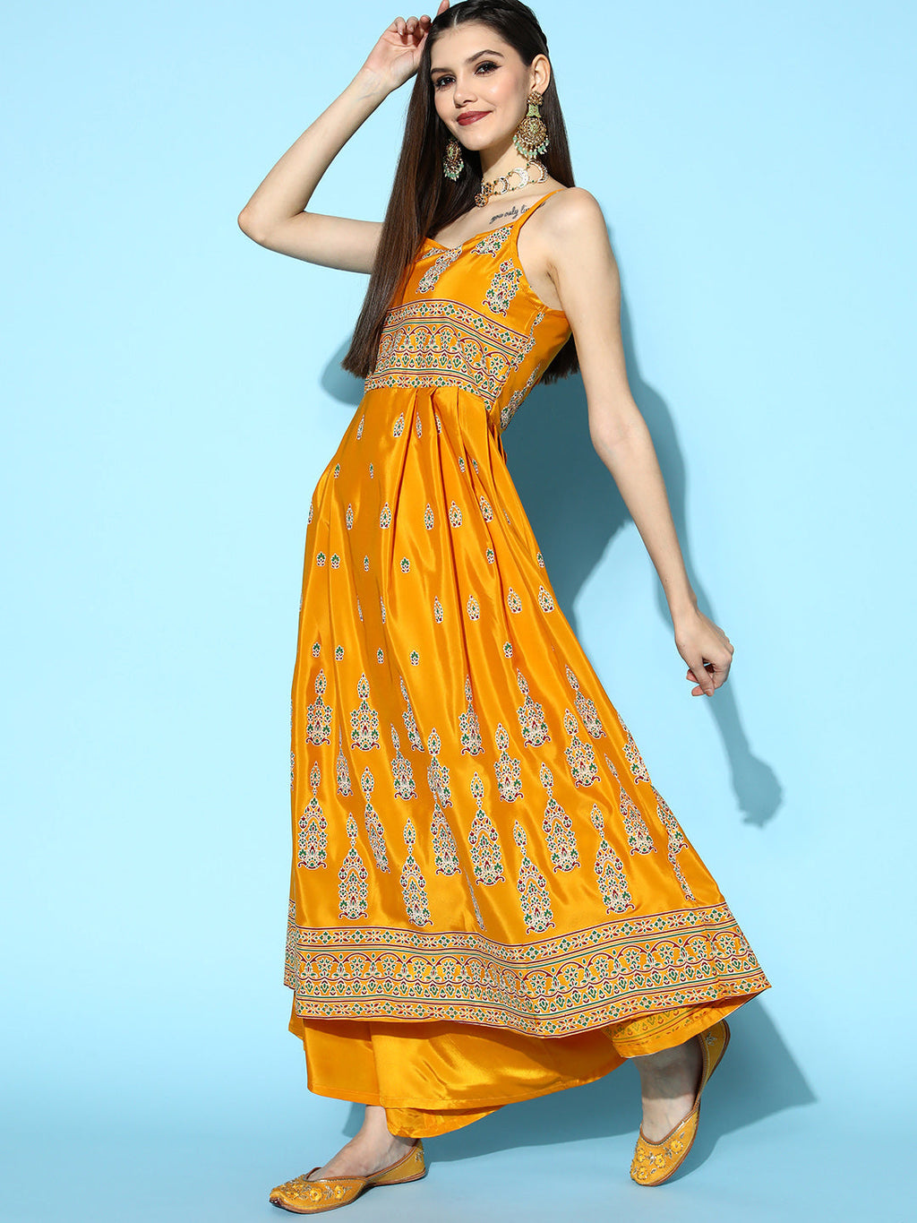 InWeave Women's Mustard Foil Print Strappy With Green Brocade Dupatta