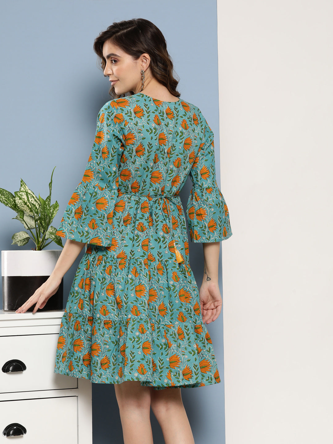 InWeave Women's Blue Mustard Print Short Dress