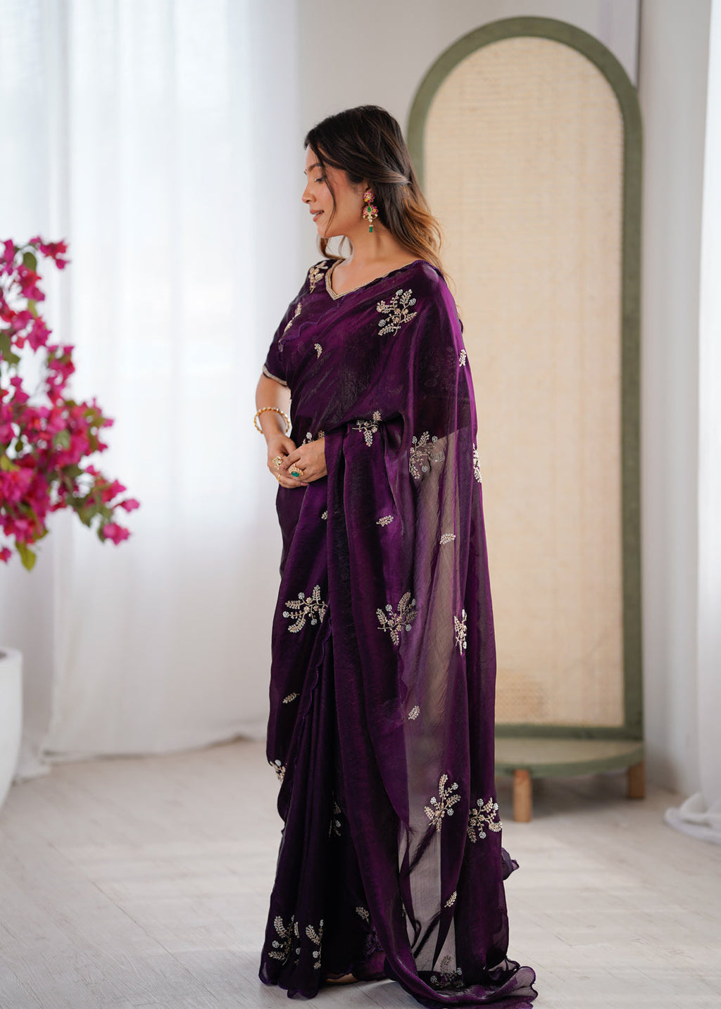 Evanik Designer Heavy Fendy Satin With Beads Embroidered Work Saree With Unstitched Blouse