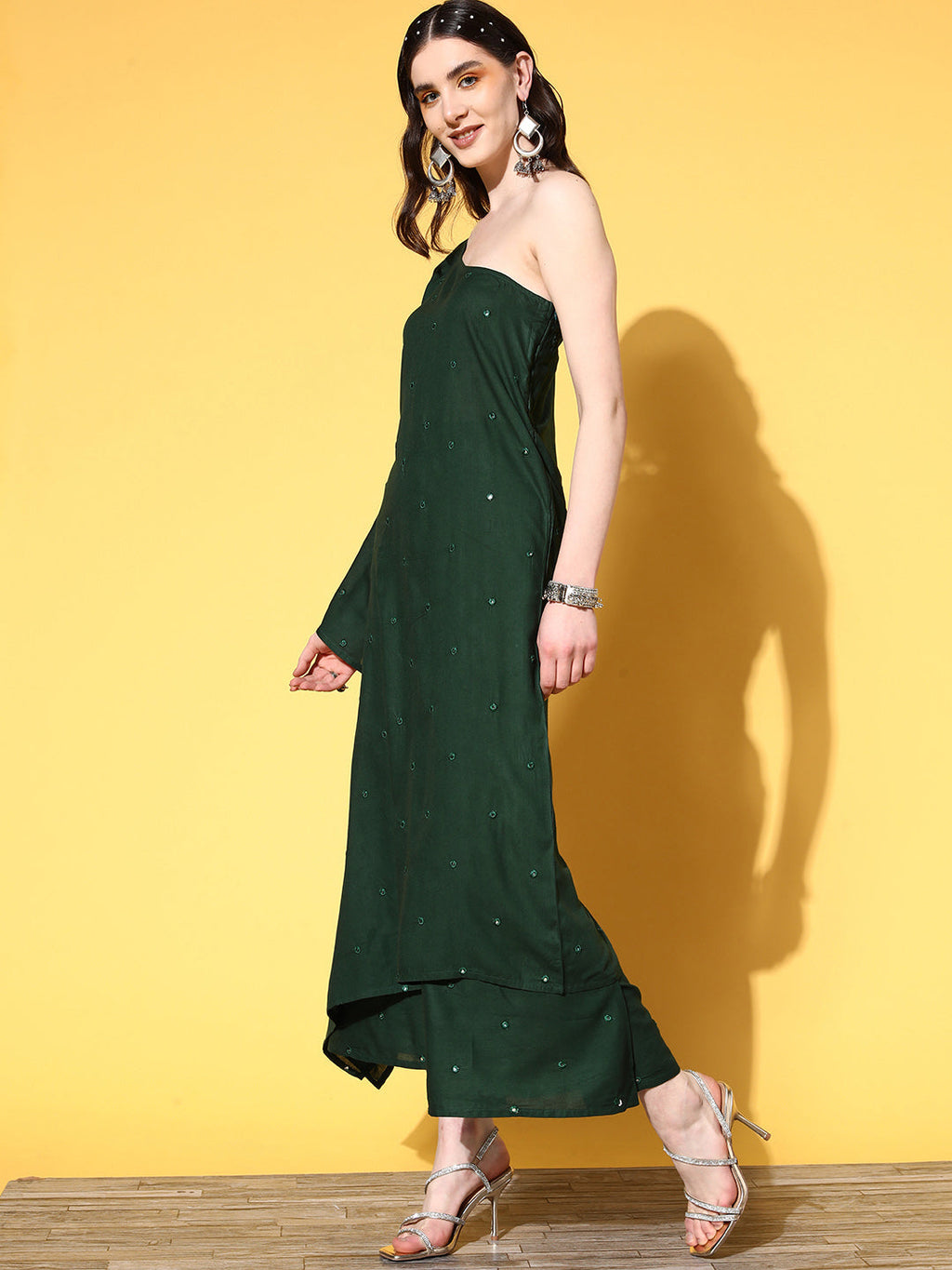 InWeave Women's Green Mirror Work One Shoulder Kurta Set With Dupatta