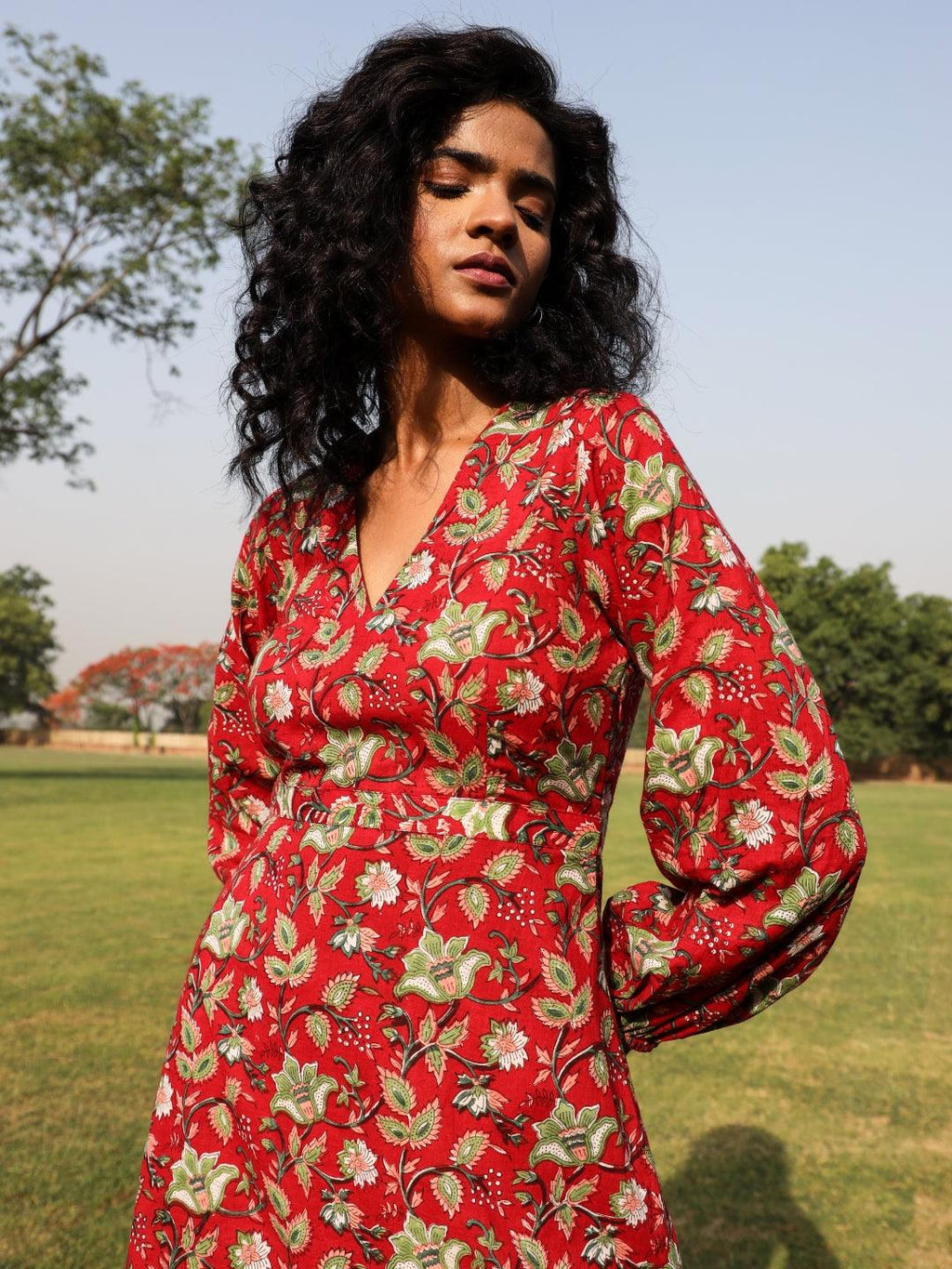 trueBrowns Red Cotton Block Print Backless Dress