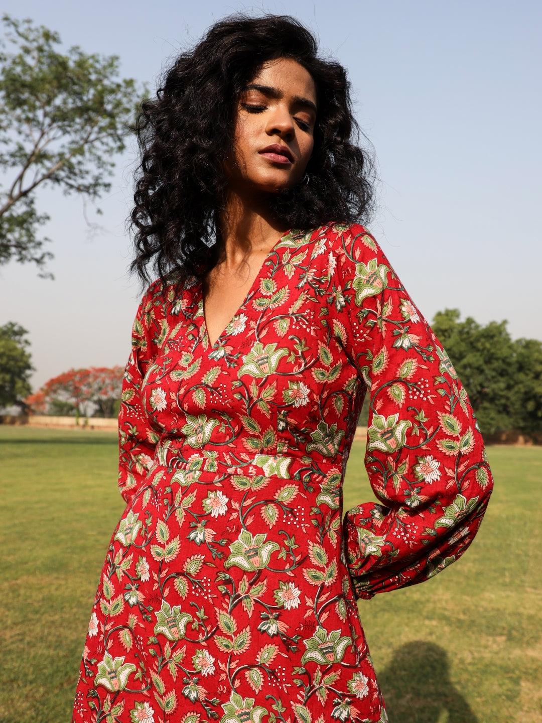 trueBrowns Red Cotton Block Print Backless Dress