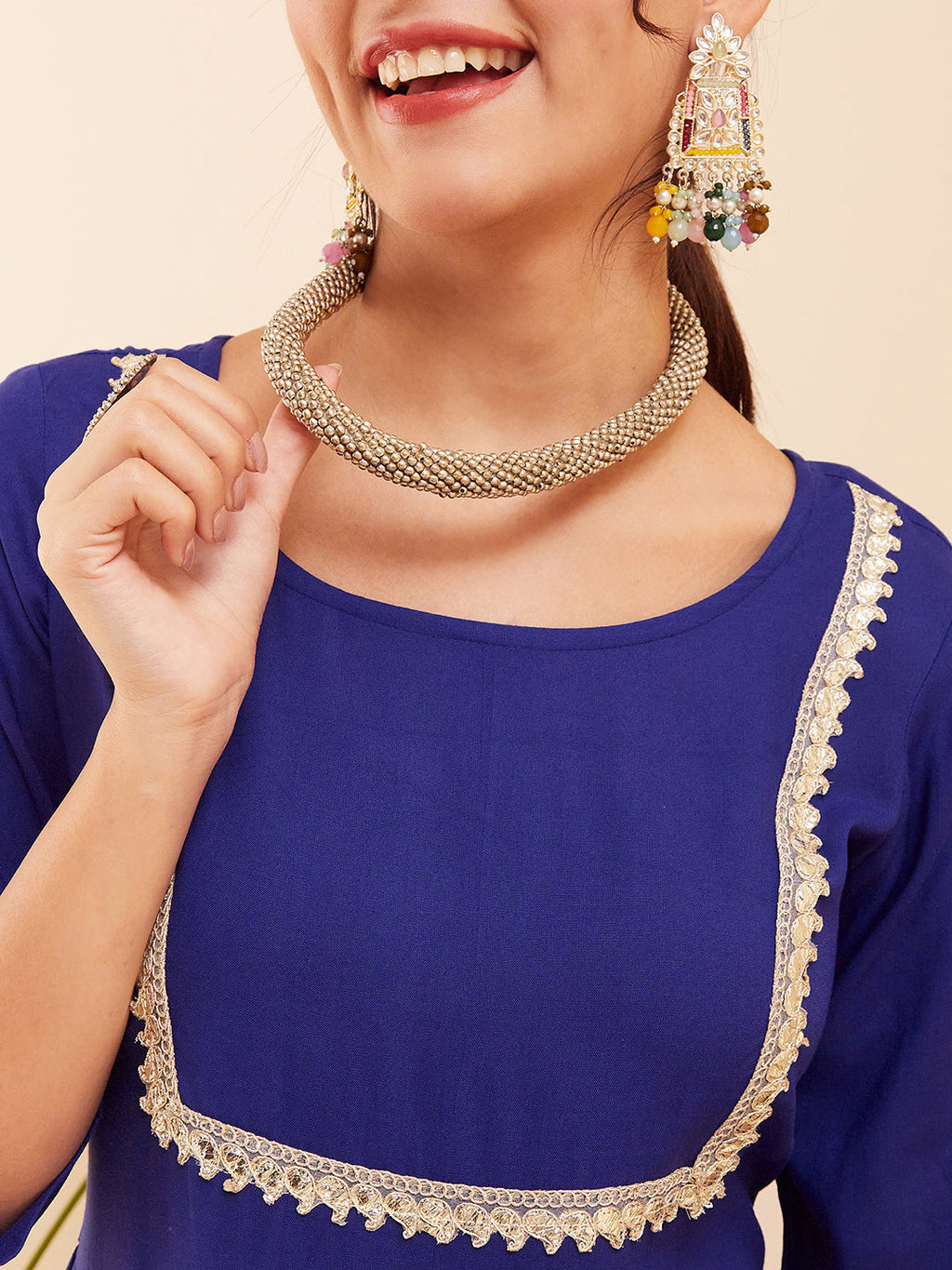 InWeave Women's Blue Round Neck Square Gota Work Kurta Pant Set